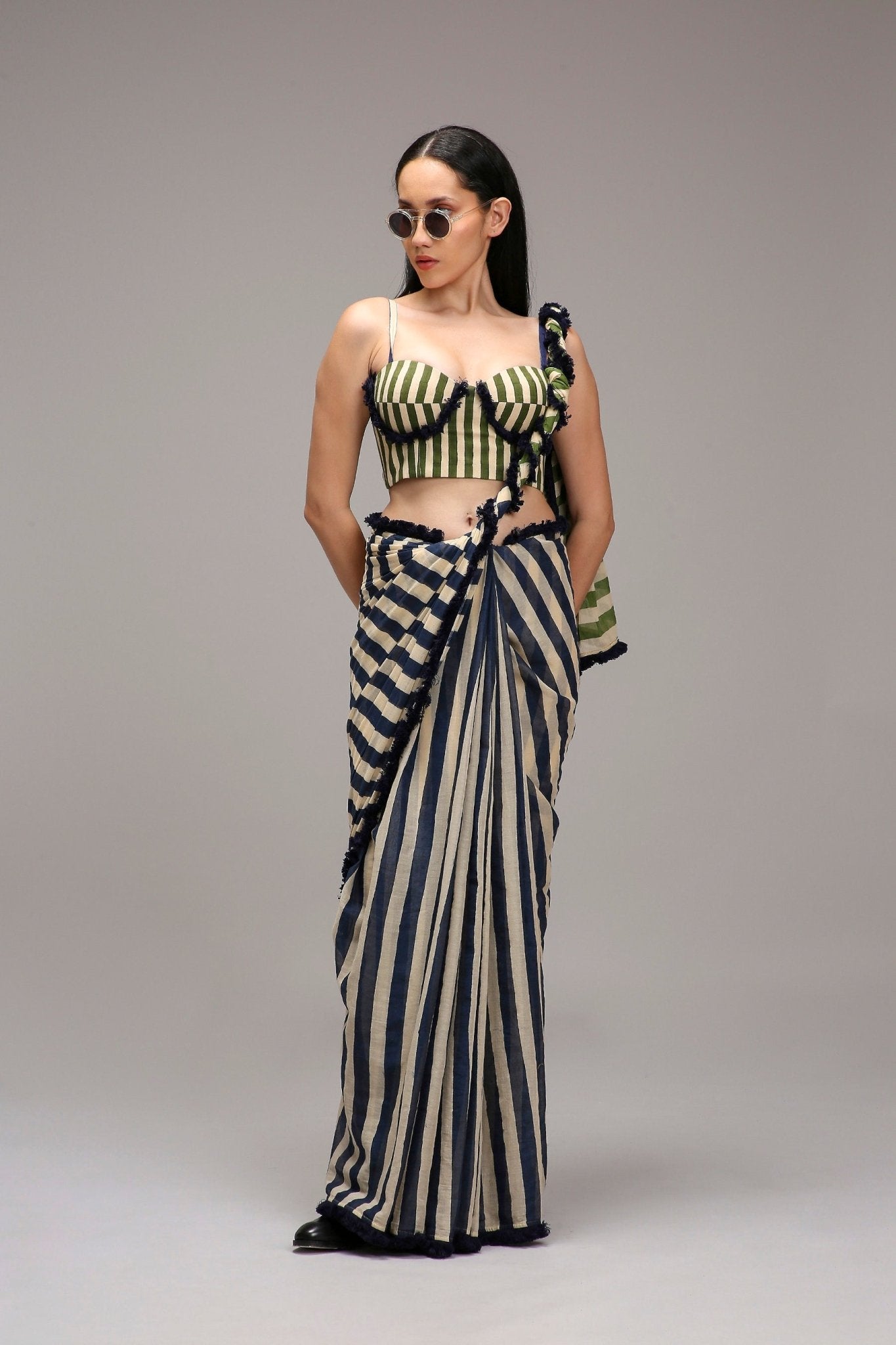 Egg-Shell Blue Green Dual Striped Saree - CiceroniSareeMATI