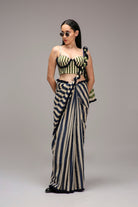Egg-Shell Blue Green Dual Striped Saree - CiceroniSareeMATI