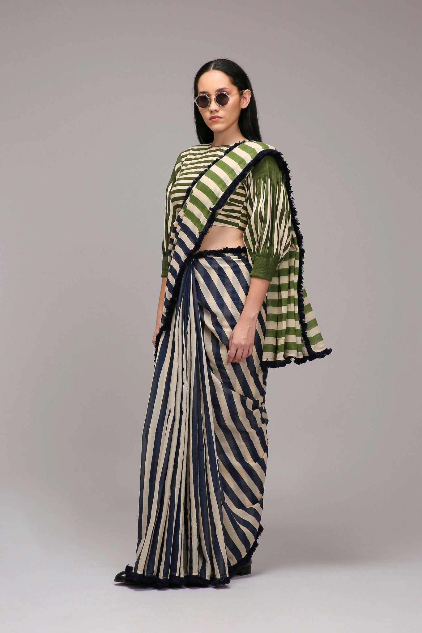 Egg-Shell Blue Green Dual Striped Saree - CiceroniSareeMATI