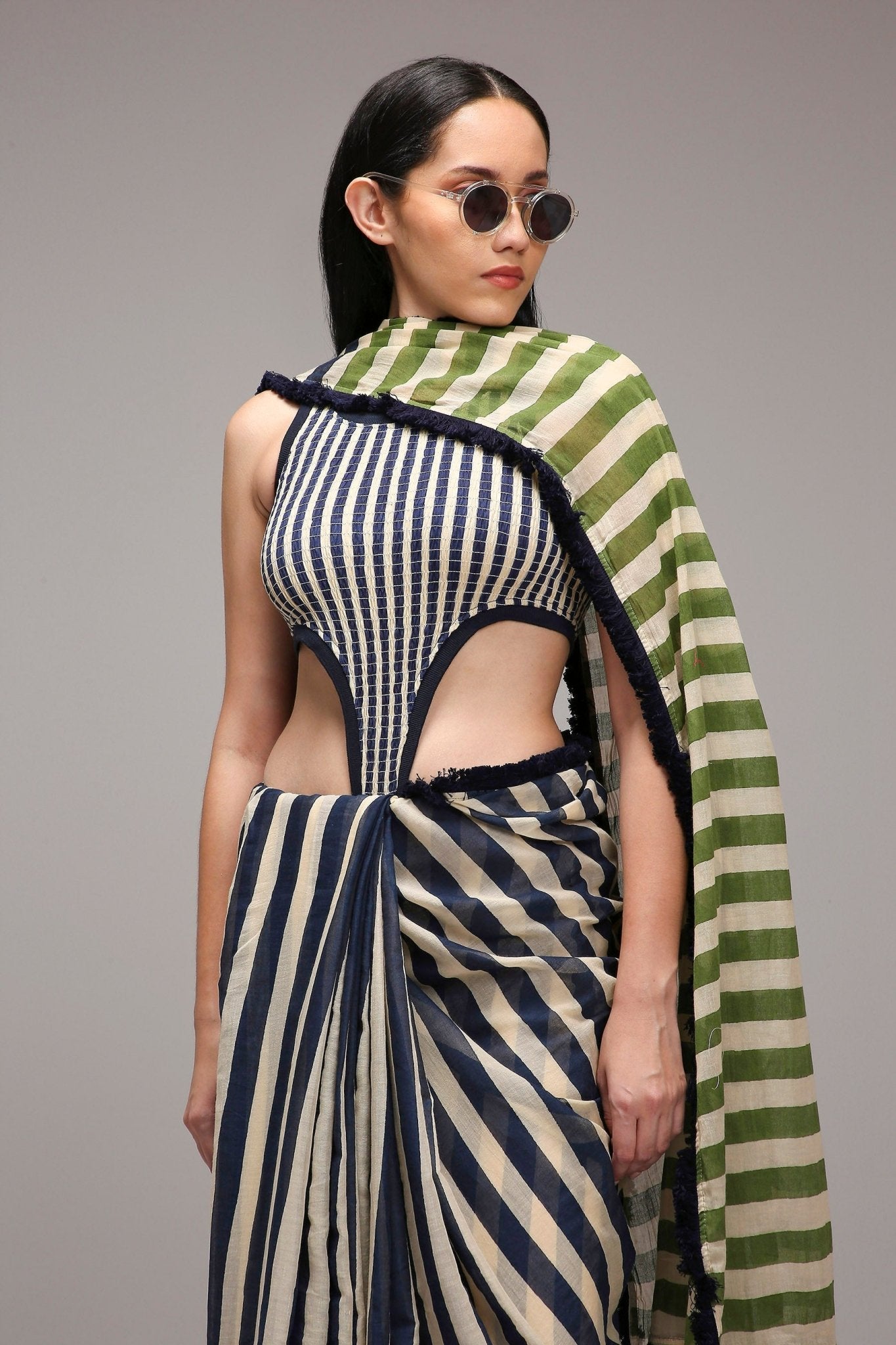 Egg-Shell Blue Green Dual Striped Saree - CiceroniSareeMATI