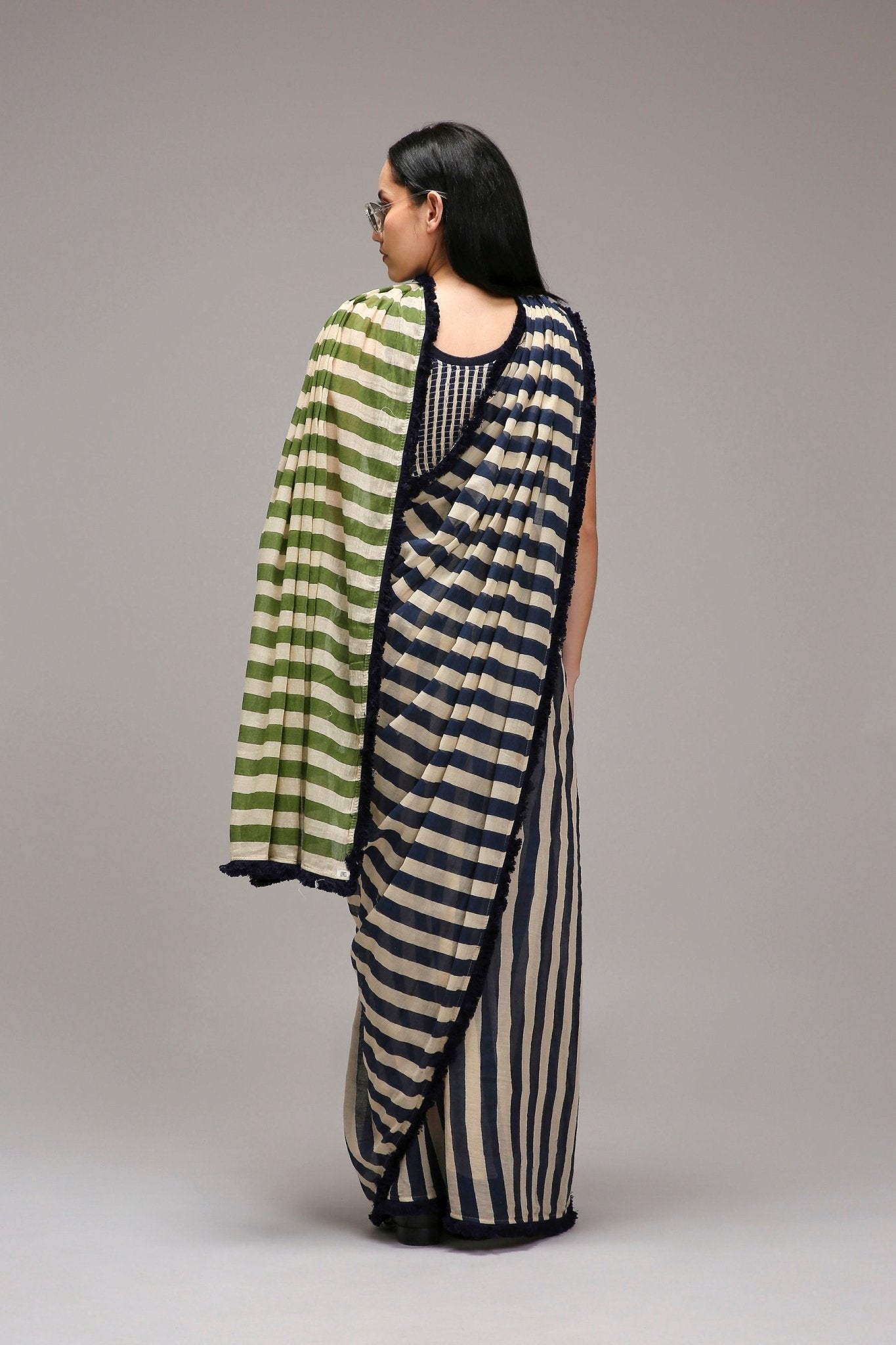 Egg-Shell Blue Green Dual Striped Saree - CiceroniSareeMATI