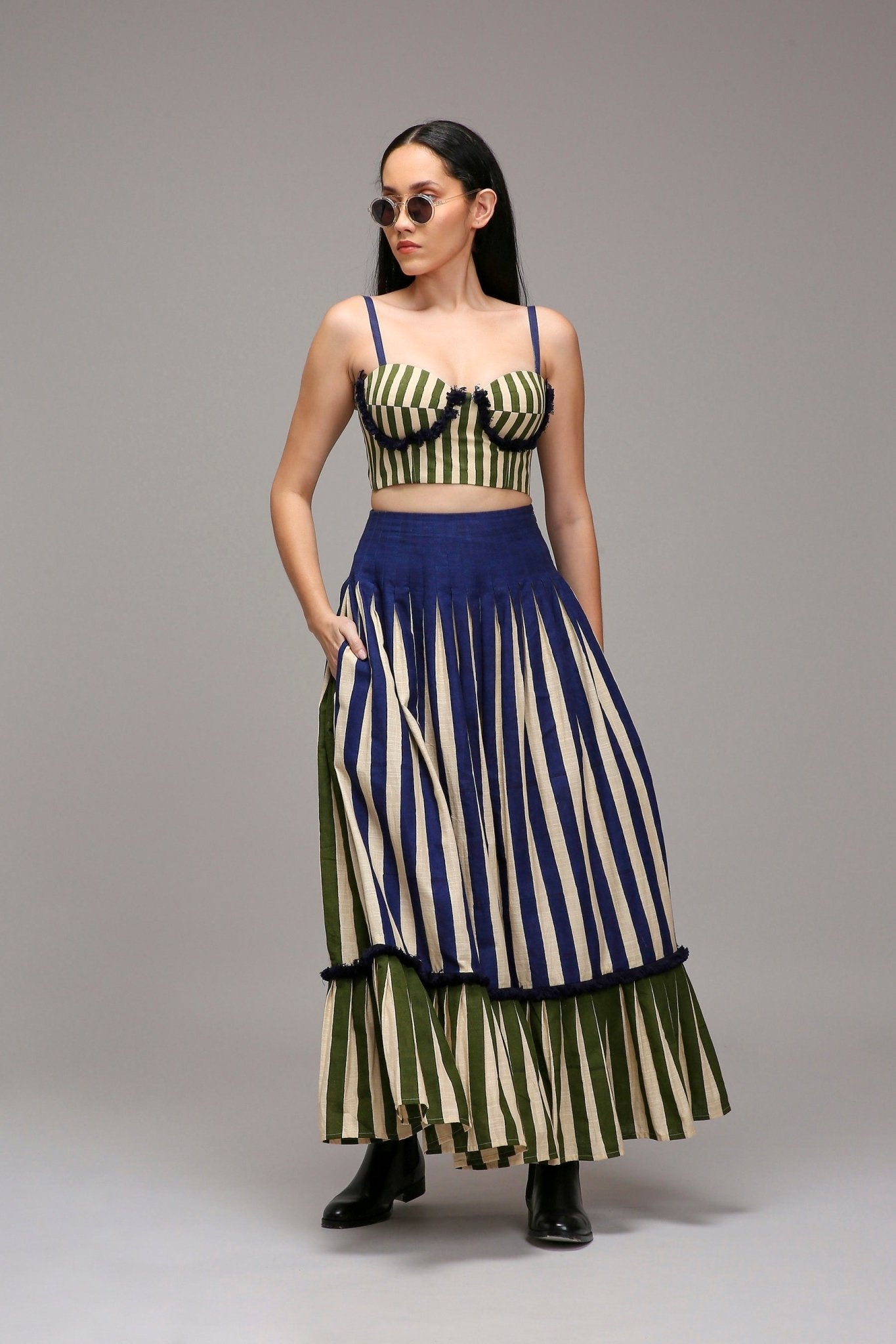 Egg-Shell Blue Green Dual Striped Skirt - CiceroniSkirtsMATI