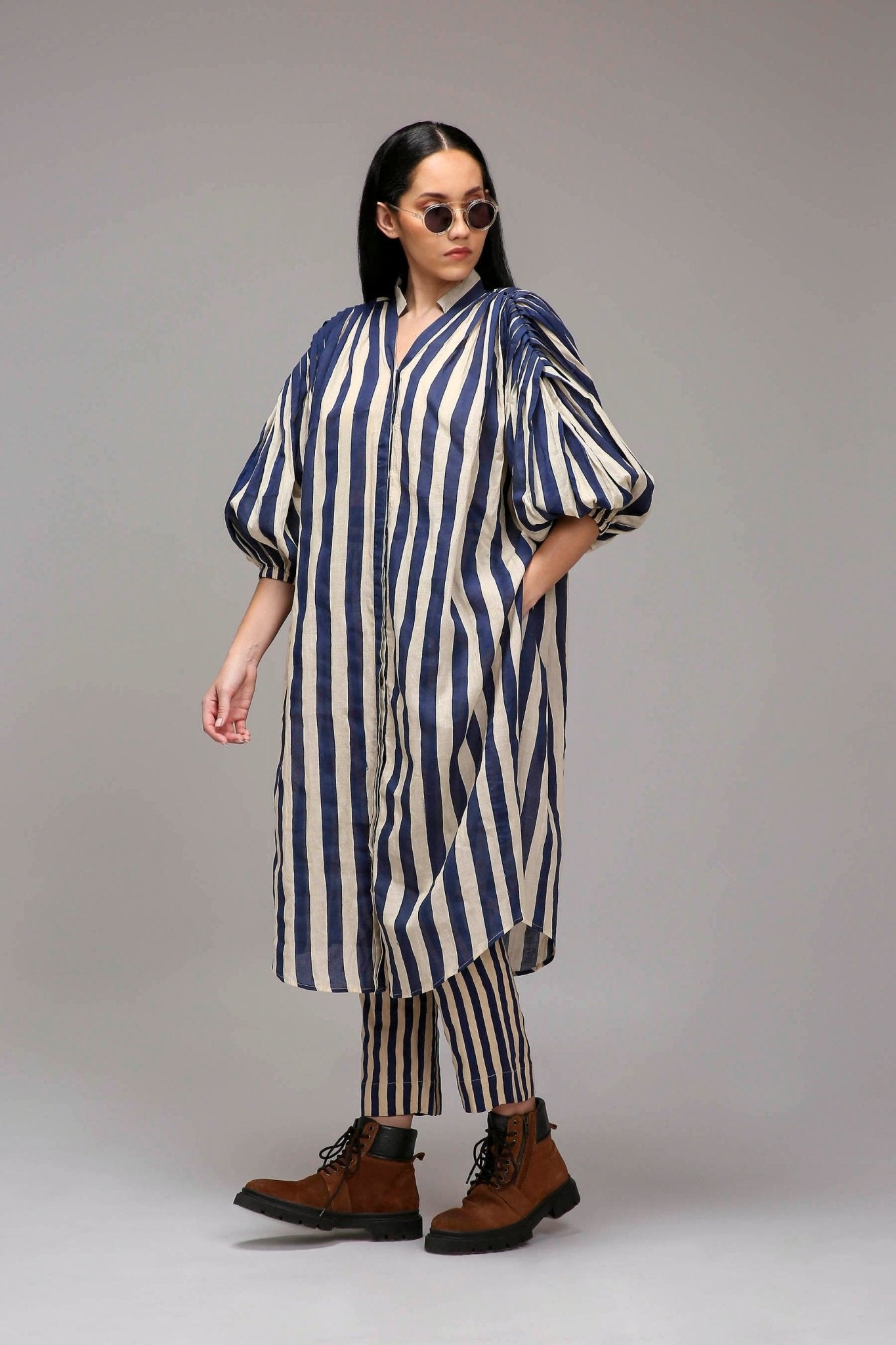 Egg-Shell Blue Striped Baha Tunic Set (2 PCS) - CiceroniKurta Set, Everyday WearMATI