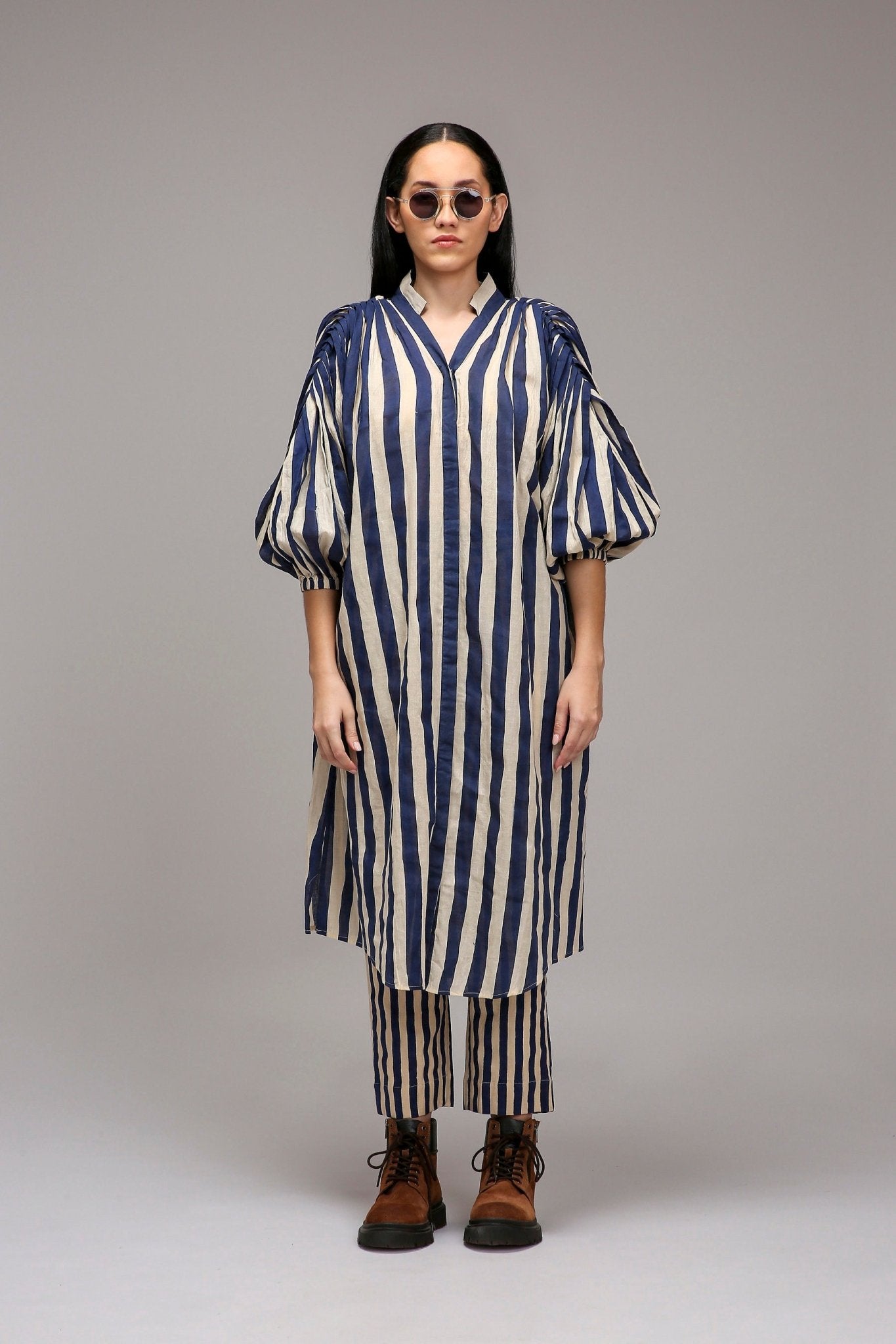 Egg-Shell Blue Striped Baha Tunic Set (2 PCS) - CiceroniKurta Set, Everyday WearMATI
