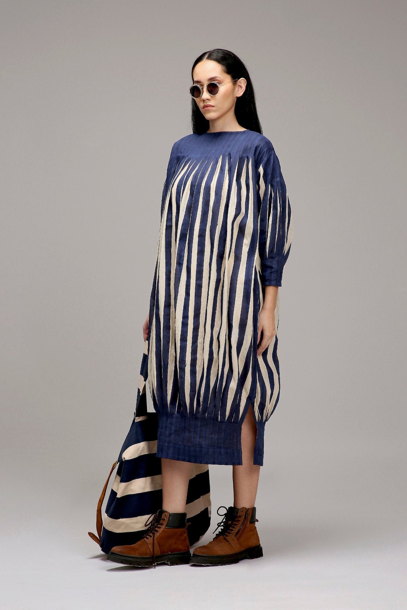 Egg-Shell Blue Striped Balloon Dress - CiceroniDressesMATI