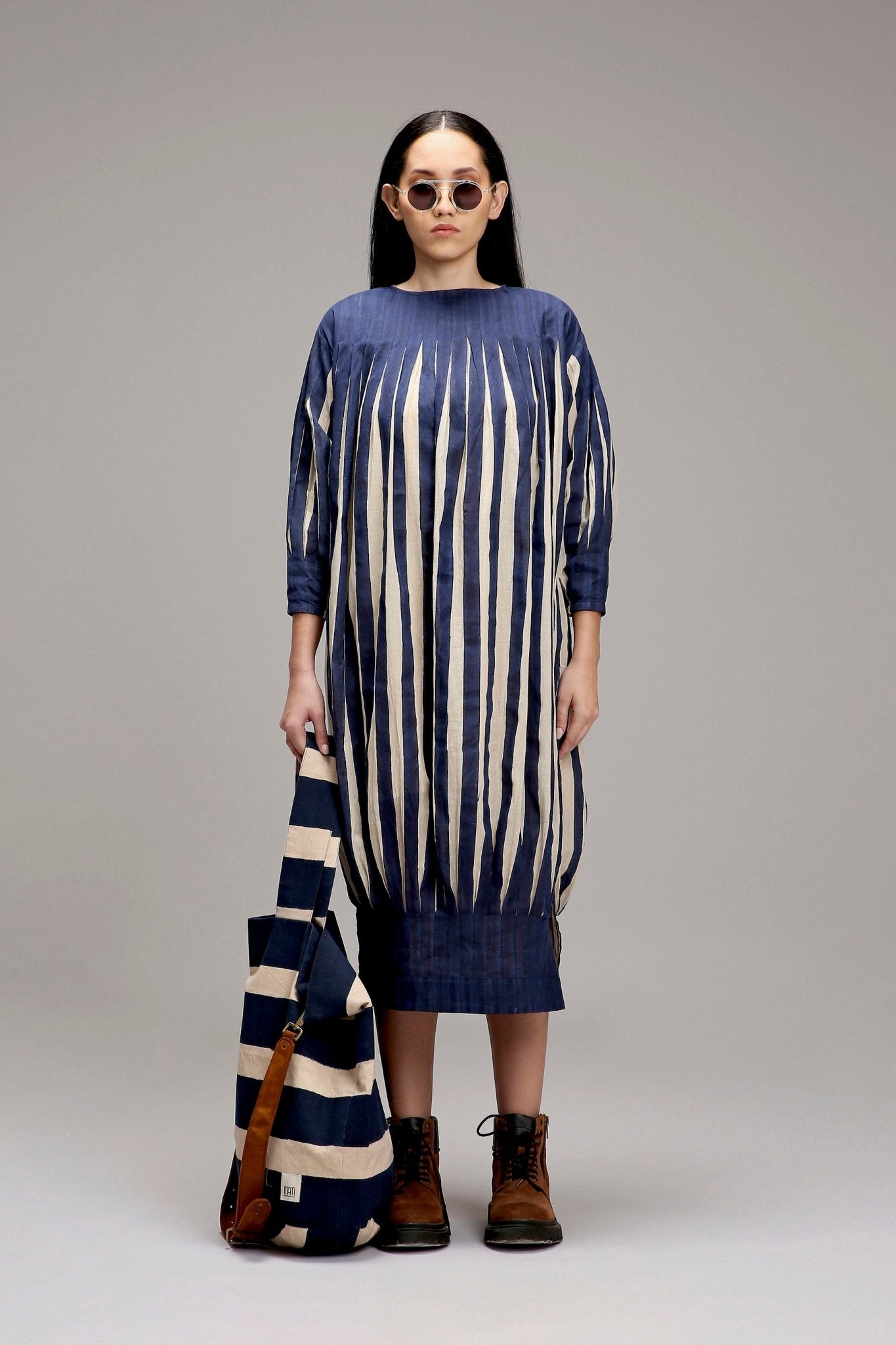 Egg-Shell Blue Striped Balloon Dress - CiceroniDressesMATI
