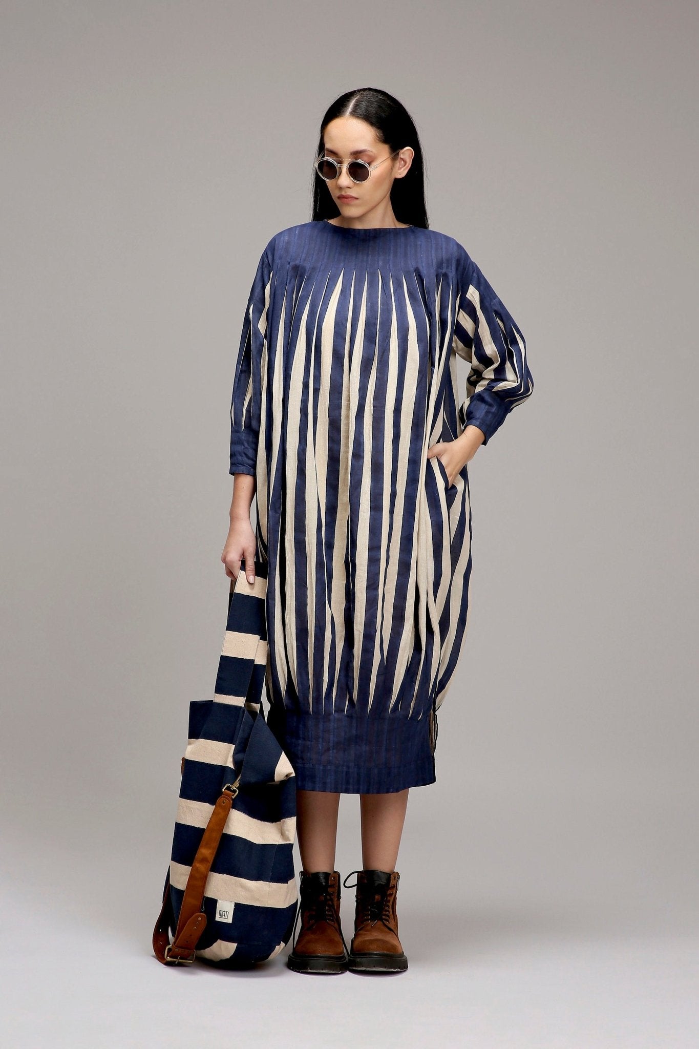 Egg-Shell Blue Striped Balloon Dress - CiceroniDressesMATI