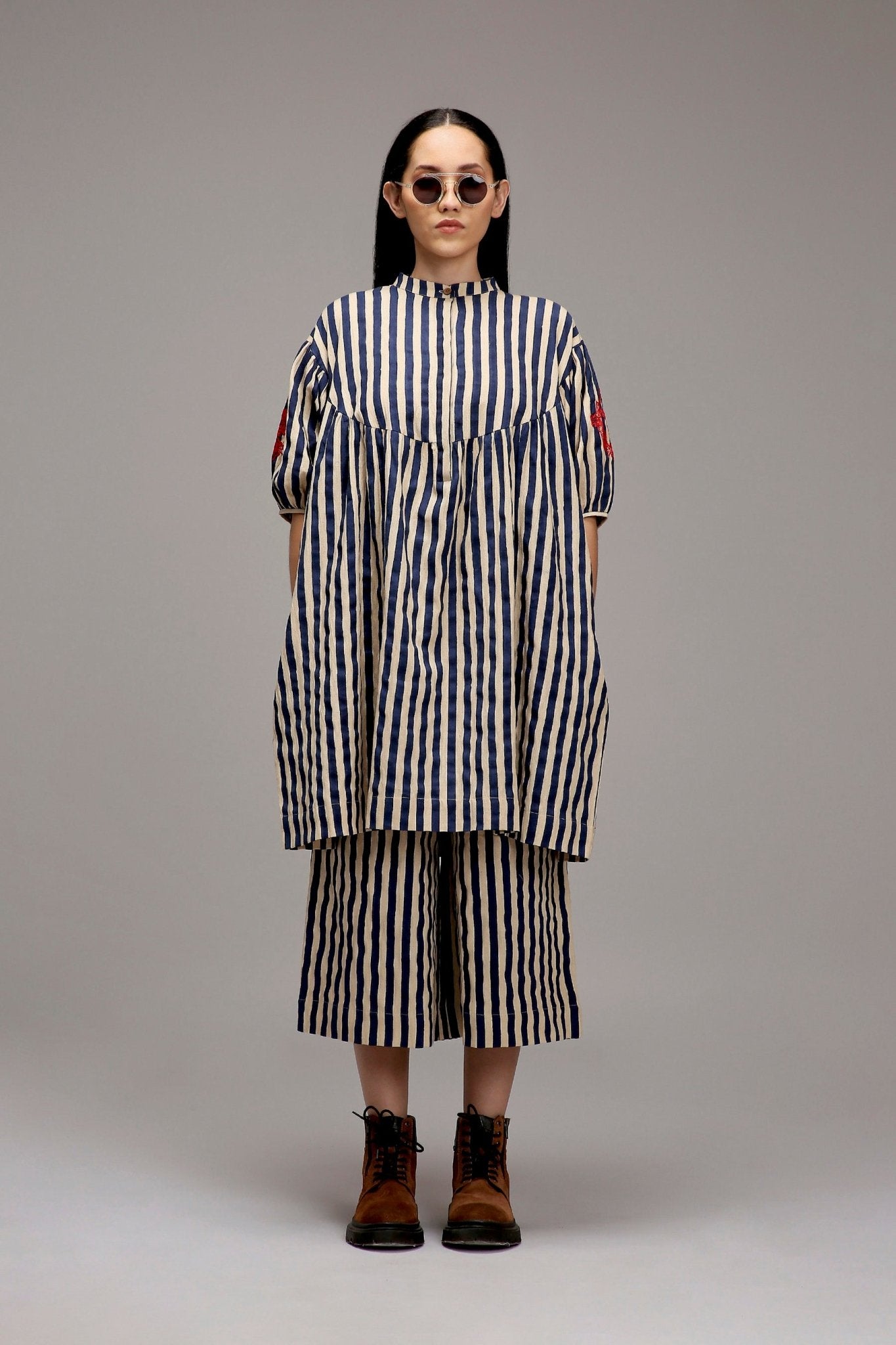 Egg-Shell Blue Striped Short Acra Tunic Set (2 PCS) - CiceroniKurta Set, Everyday WearMATI