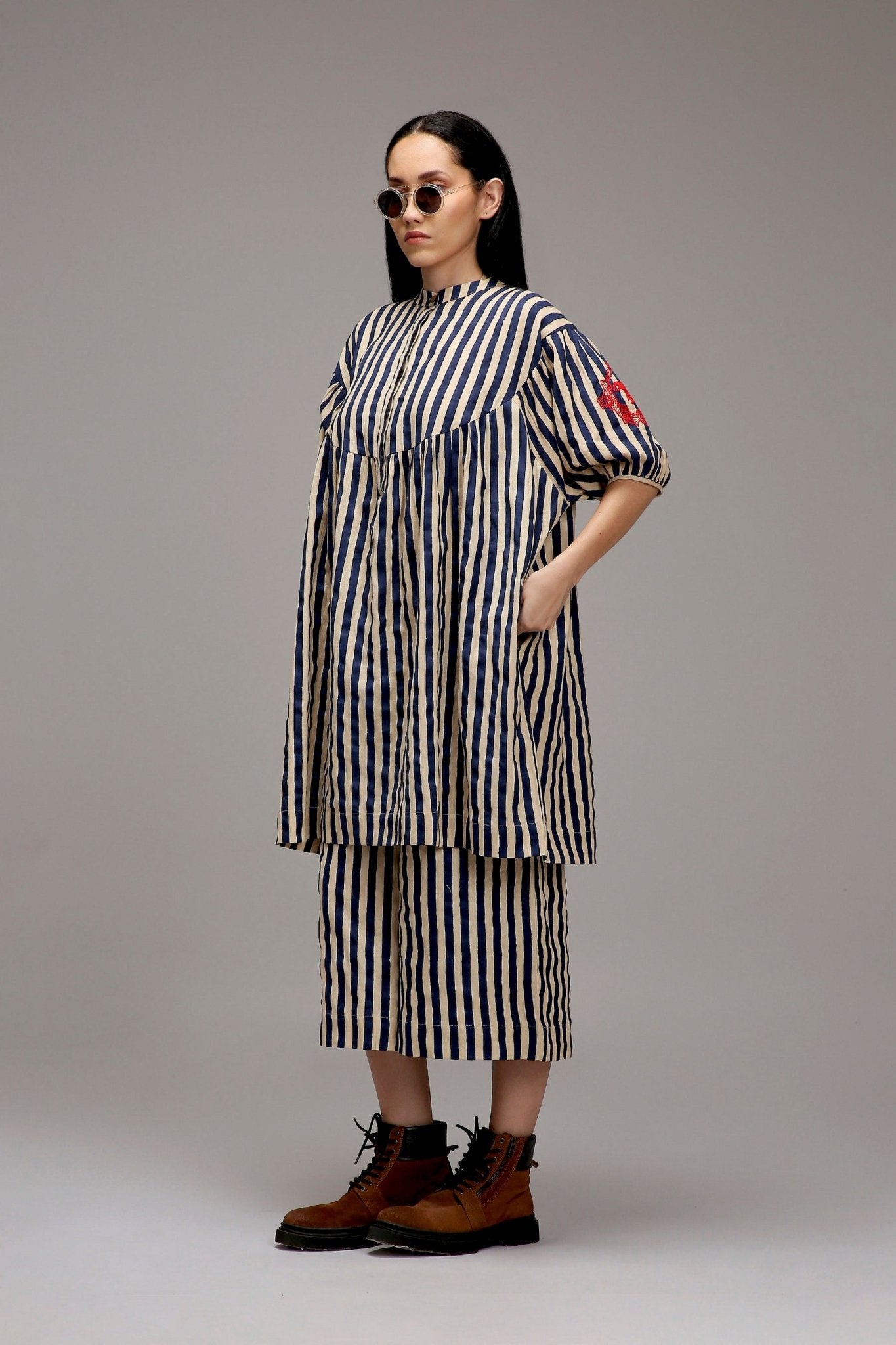 Egg-Shell Blue Striped Short Acra Tunic Set (2 PCS) - CiceroniKurta Set, Everyday WearMATI