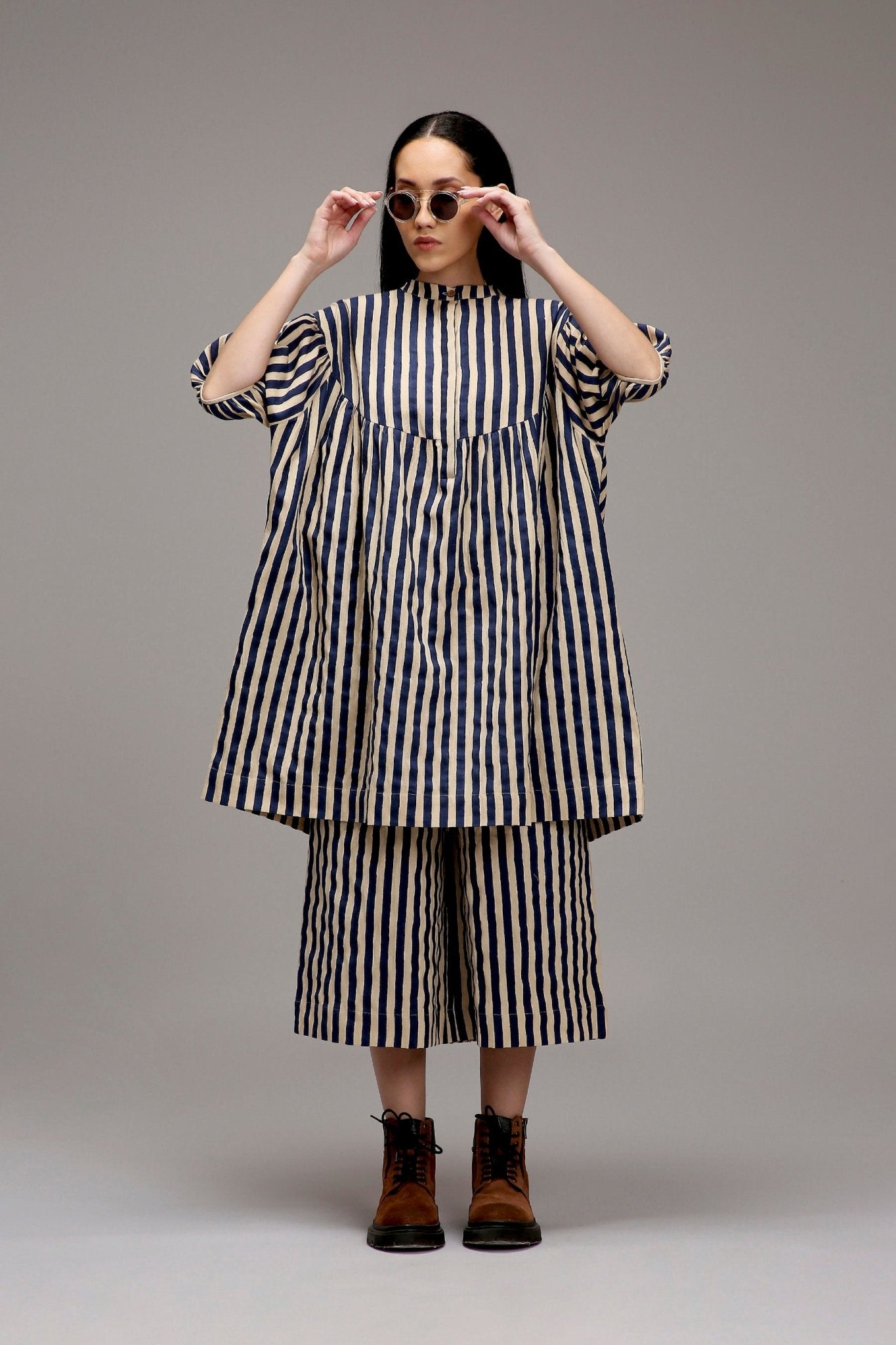 Egg-Shell Blue Striped Short Acra Tunic Set (2 PCS) - CiceroniKurta Set, Everyday WearMATI