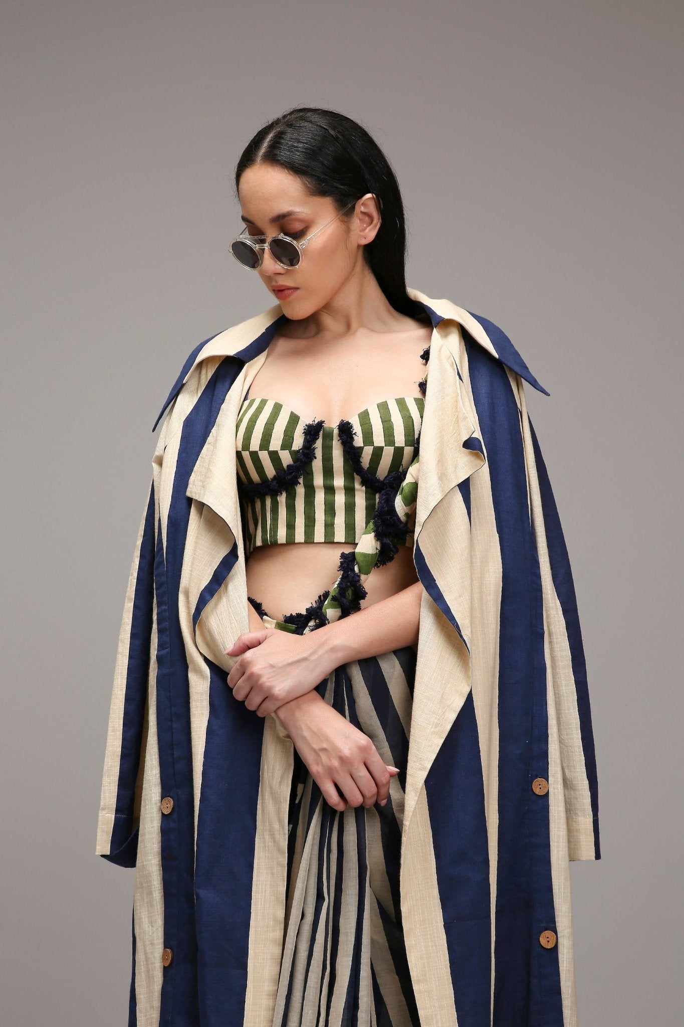 Egg-Shell Corset with Trench & Dual Striped Saree Set (3 PCS) - CiceroniSaree SetMATI