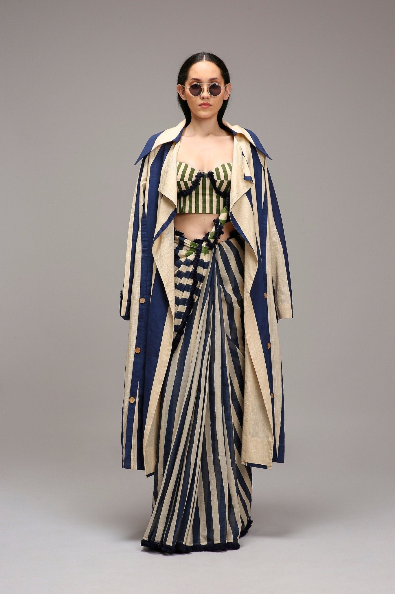 Egg-Shell Corset with Trench & Dual Striped Saree Set (3 PCS) - CiceroniSaree SetMATI