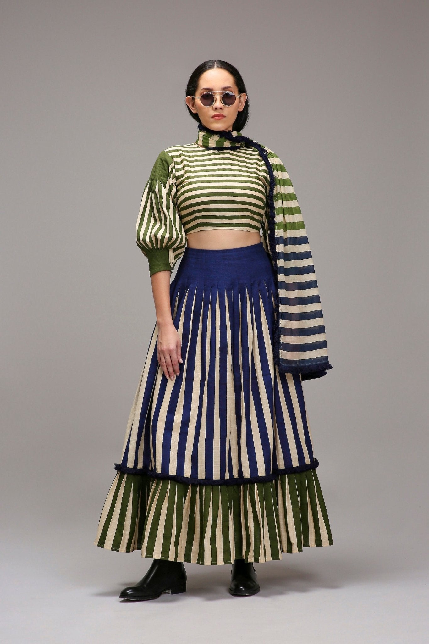 Egg-Shell Crop Top Dual Striped Stole Skirt Set (3 PCS) - CiceroniSkirt SetMATI