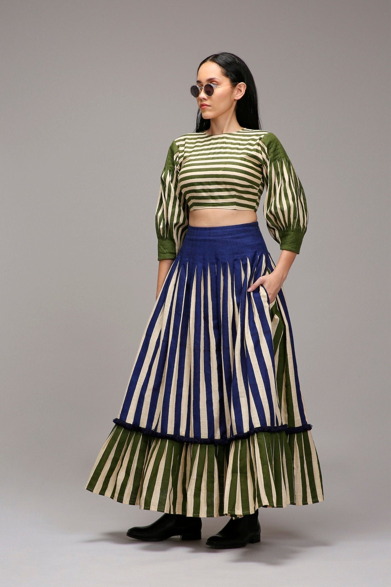 Egg-Shell Crop Top Dual Striped Stole Skirt Set (3 PCS) - CiceroniSkirt SetMATI