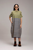 Egg-Shell Green & Blue Dual Striped Dress - CiceroniDressesMATI