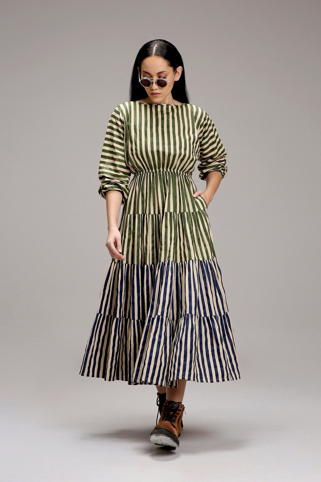 Egg-Shell Green & Blue Striped Tiered Dress - CiceroniDressesMATI