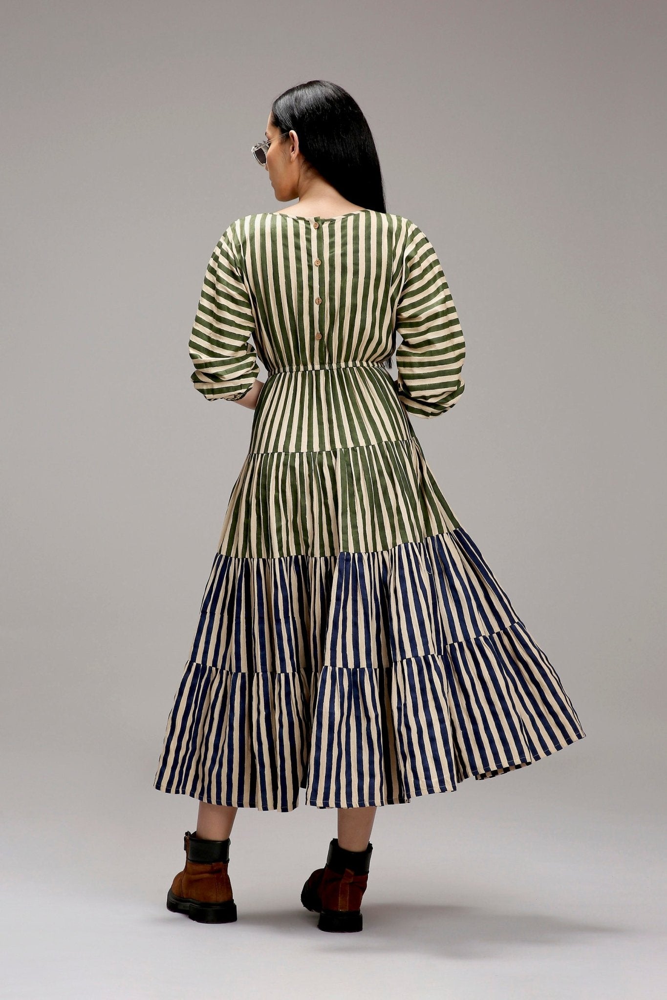 Egg-Shell Green & Blue Striped Tiered Dress - CiceroniDressesMATI