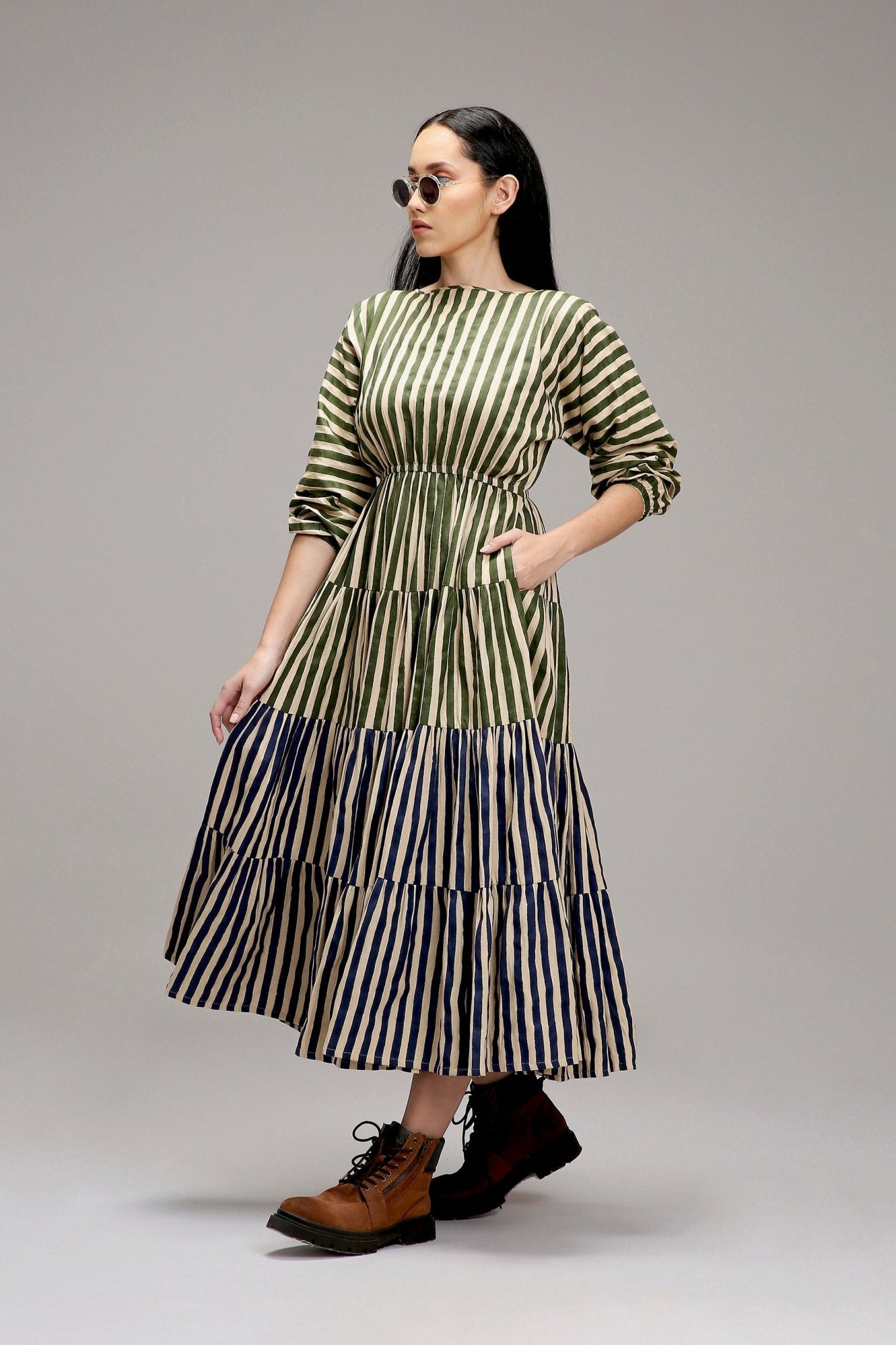 Egg-Shell Green & Blue Striped Tiered Dress - CiceroniDressesMATI
