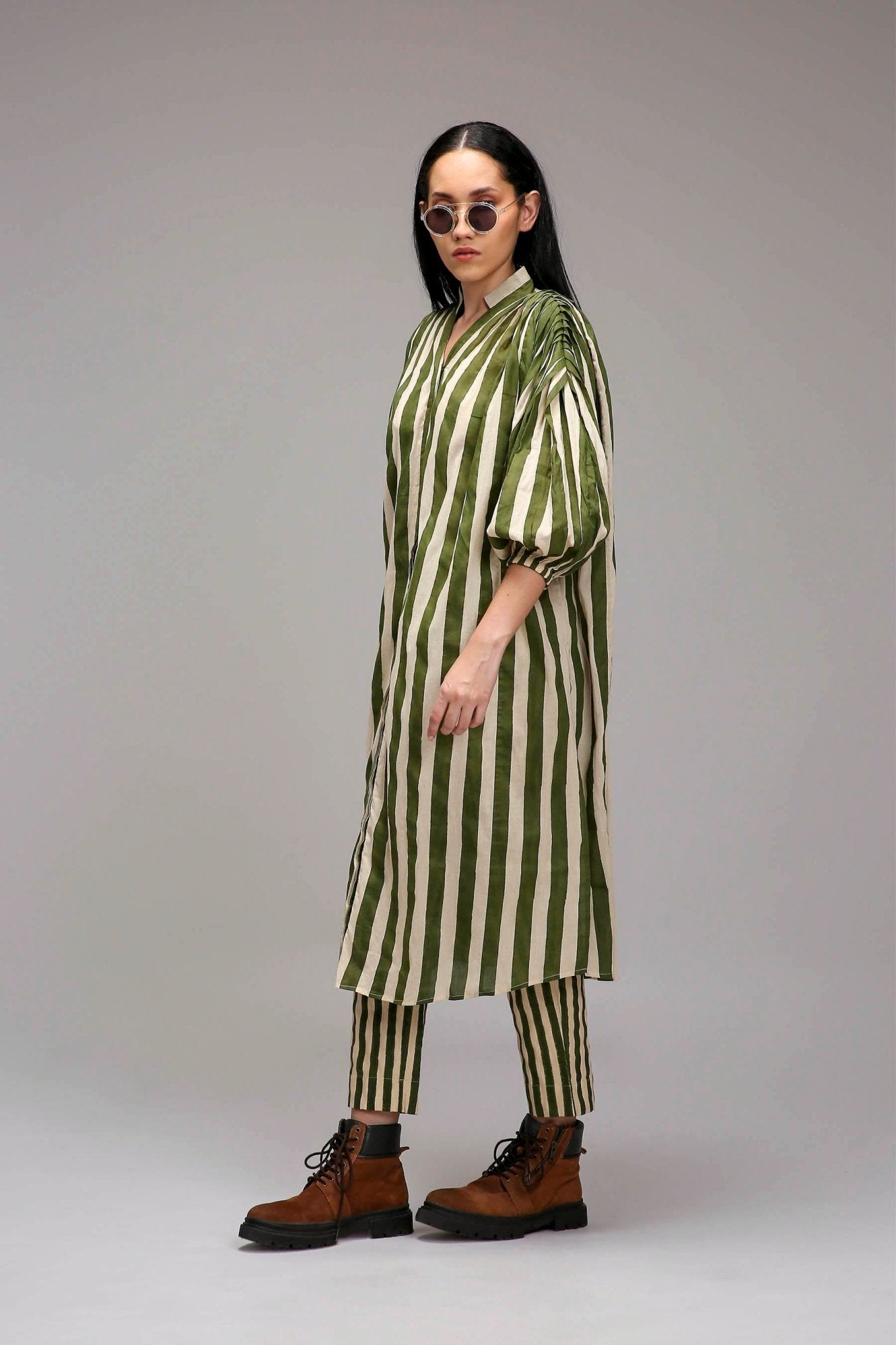 Egg-Shell Green Striped Baha Tunic Set (2 PCS) - CiceroniKurta Set, Everyday WearMATI