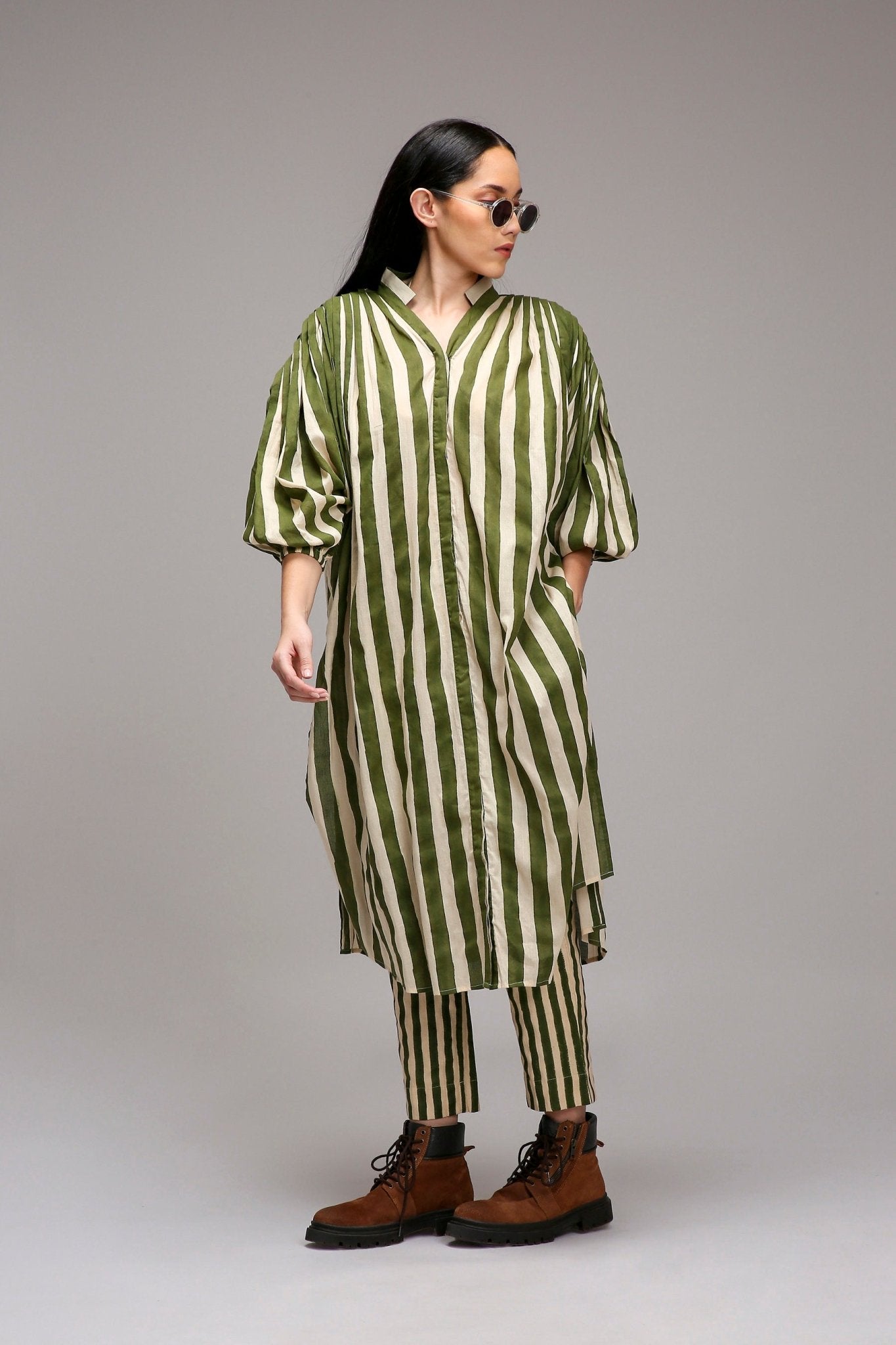 Egg-Shell Green Striped Baha Tunic Set (2 PCS) - CiceroniKurta Set, Everyday WearMATI