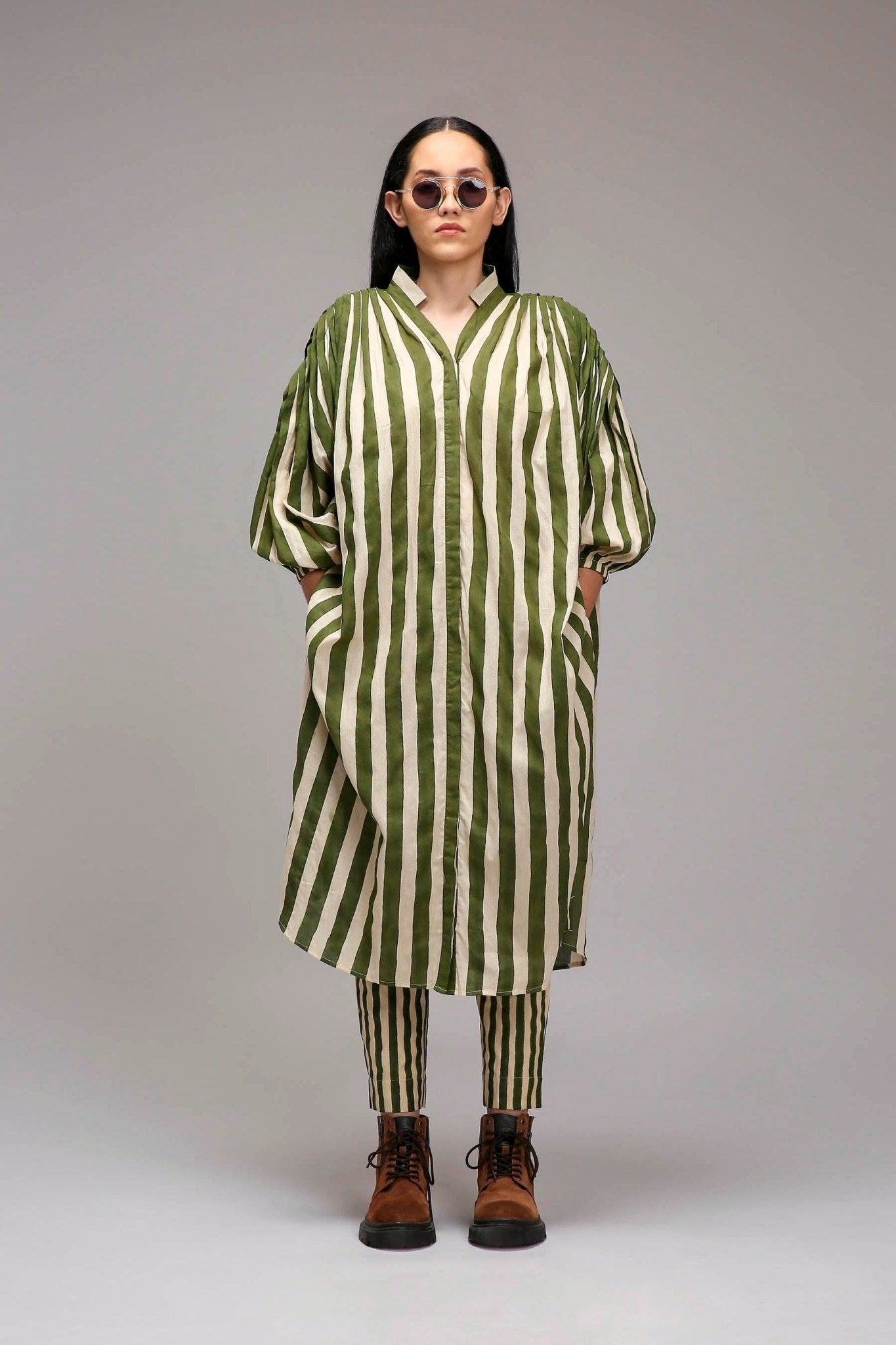 Egg-Shell Green Striped Baha Tunic Set (2 PCS) - CiceroniKurta Set, Everyday WearMATI