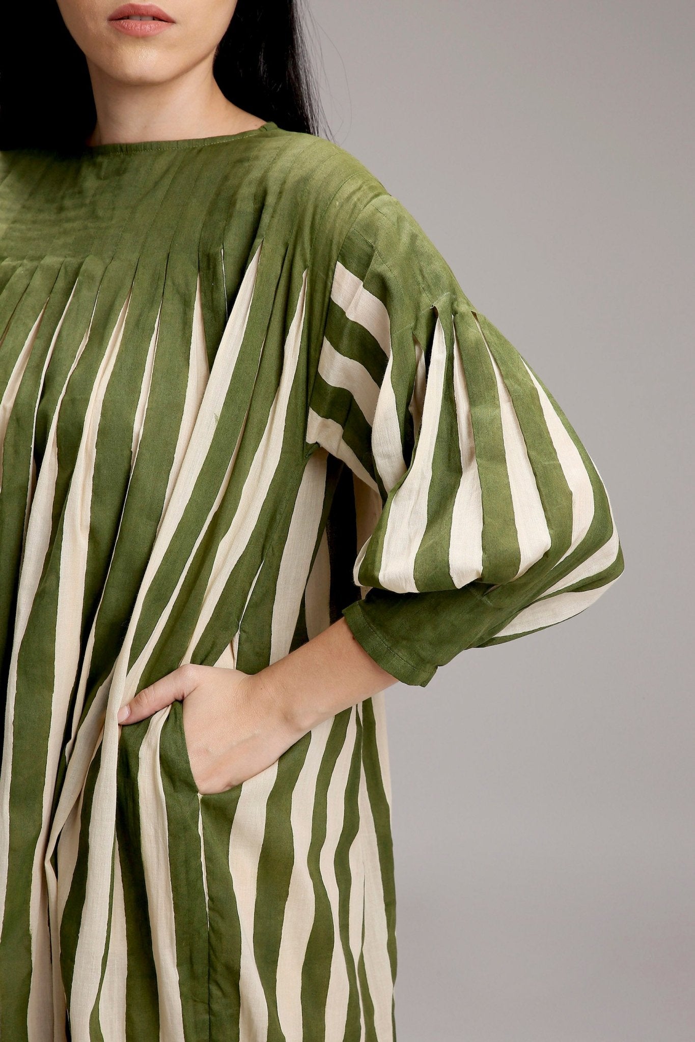 Egg-Shell Green Striped Balloon Dress - CiceroniDressesMATI