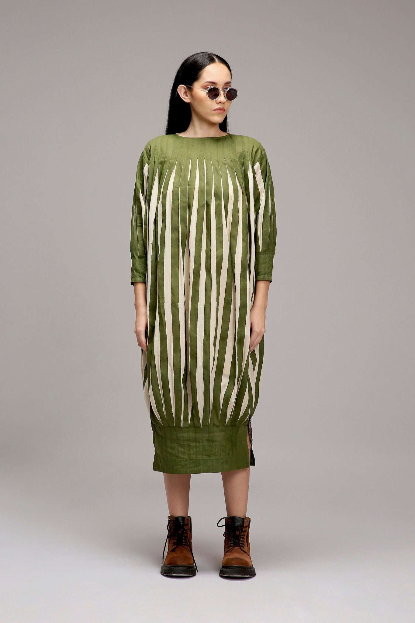 Egg-Shell Green Striped Balloon Dress - CiceroniDressesMATI