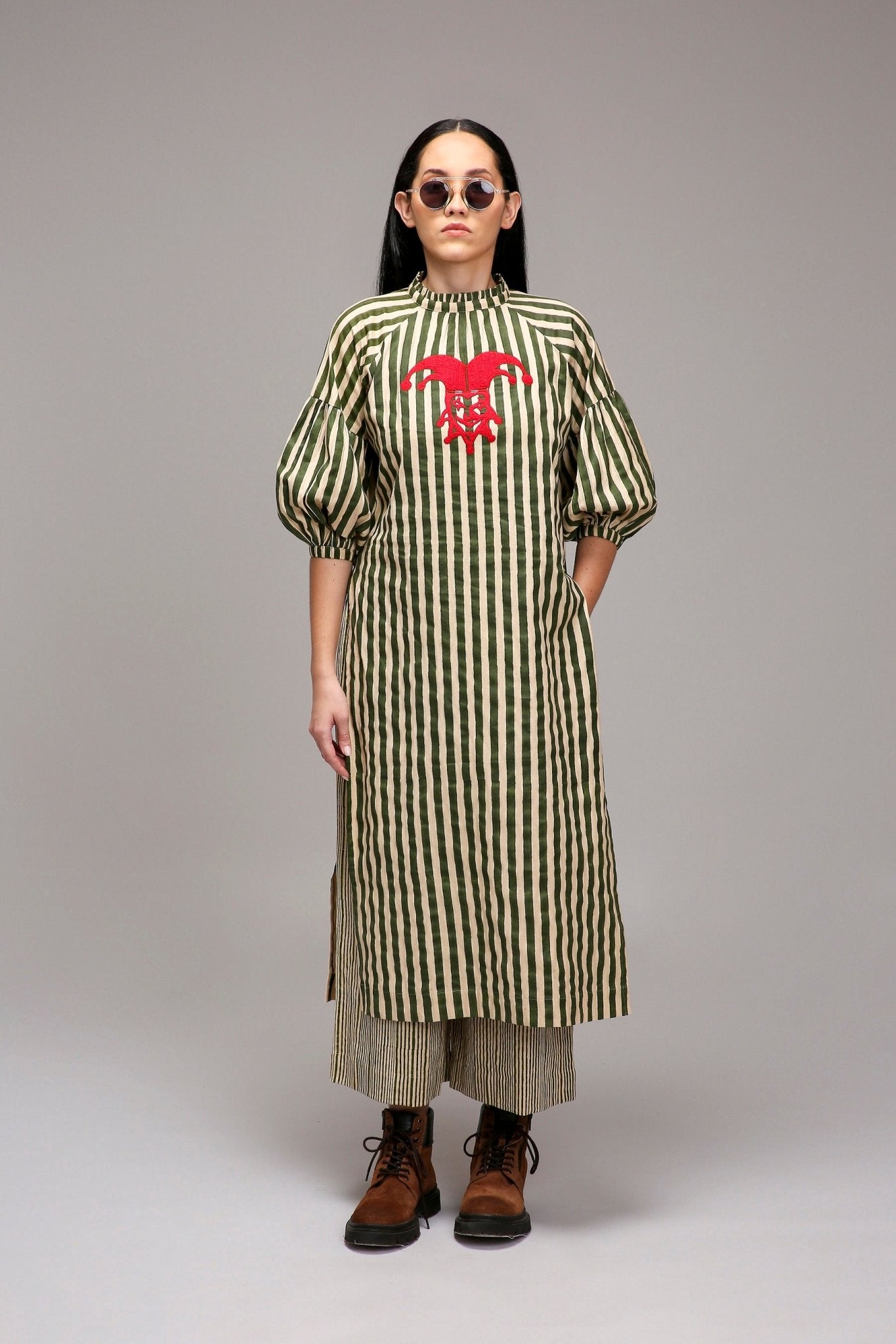 Egg-Shell Green Striped Big Joker Tunic Set (2 PCS) - CiceroniKurta Set, Everyday WearMATI