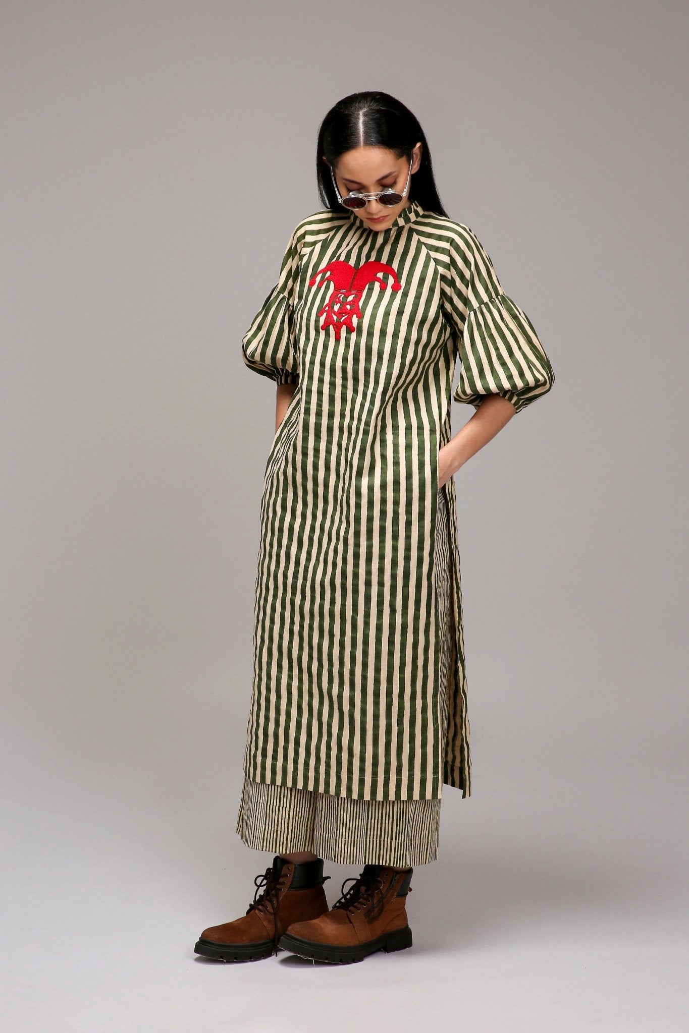 Egg-Shell Green Striped Big Joker Tunic Set (2 PCS) - CiceroniKurta Set, Everyday WearMATI