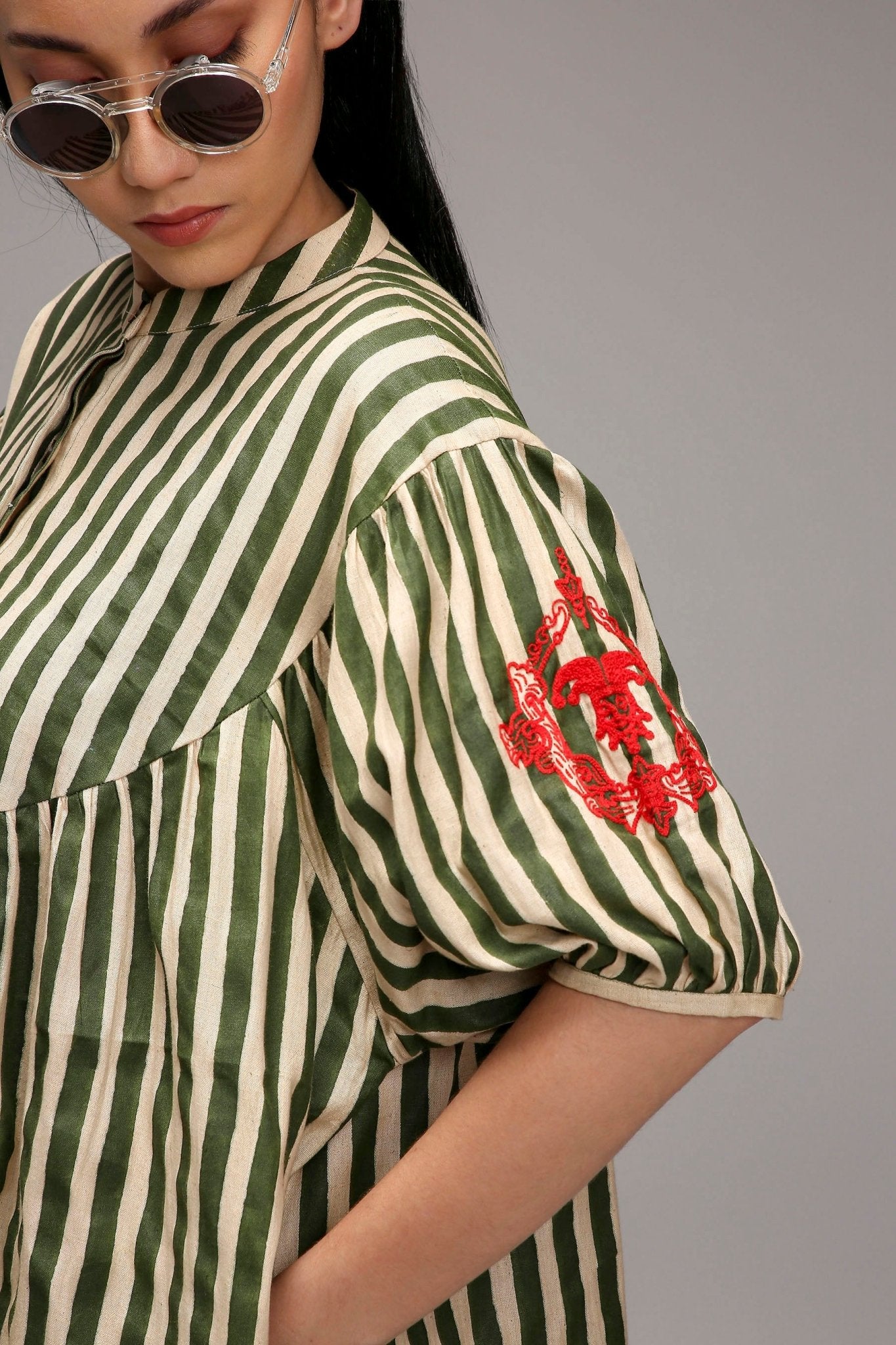Egg-Shell Green Striped Short Acra Tunic Set (2 PCS) - CiceroniKurta Set, Everyday WearMATI
