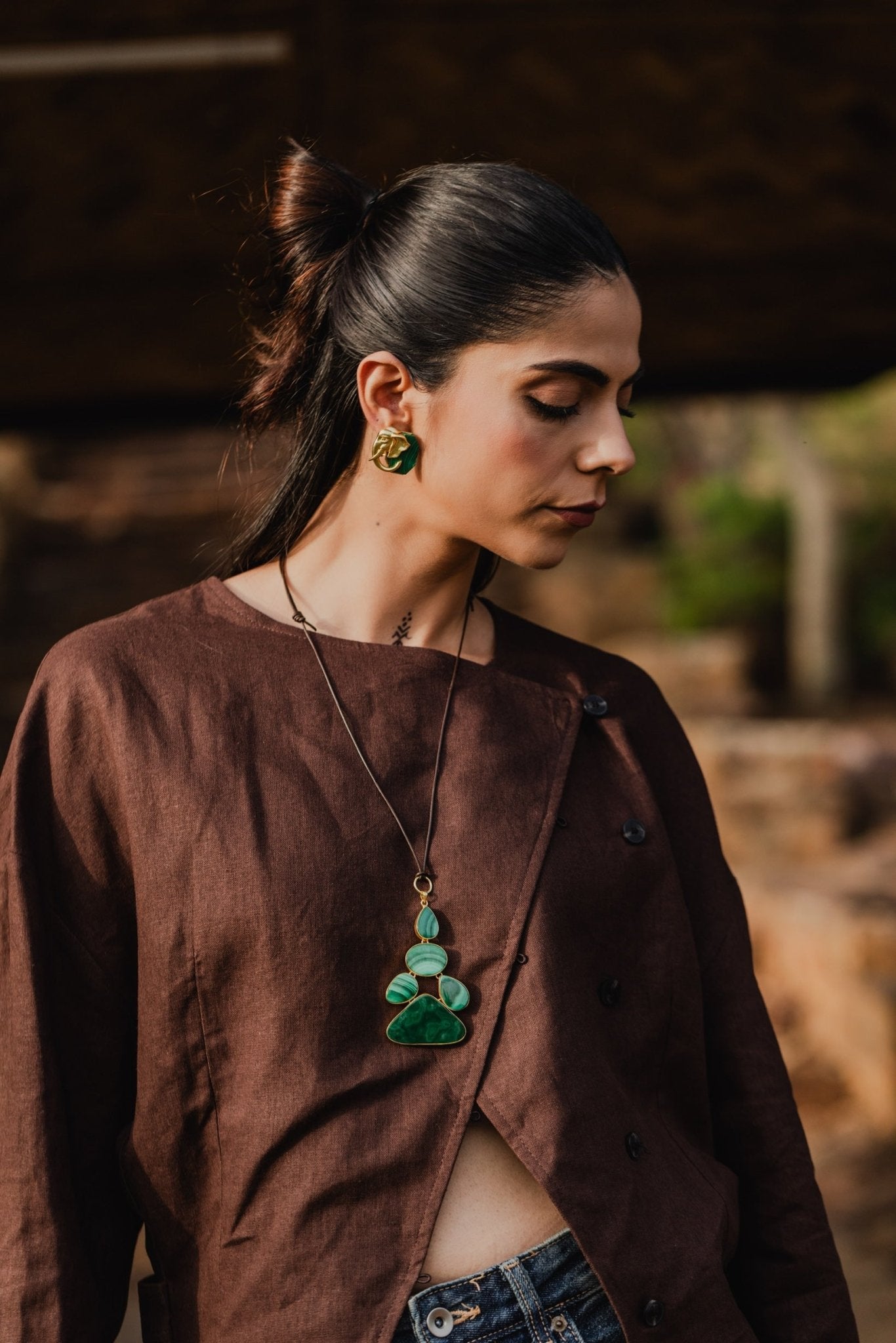Ele Malachite Gold Studs - CiceroniEarringUnbent