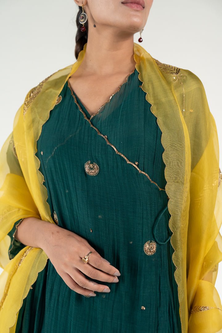 Emerald Green Angarkha Set with Shama Odhani - CiceroniKurta Set, Festive WearNirjara