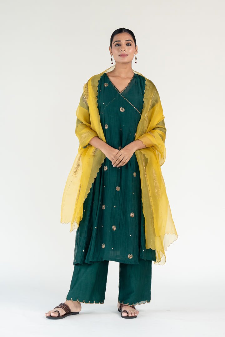 Emerald Green Angarkha Set with Shama Odhani - CiceroniKurta Set, Festive WearNirjara