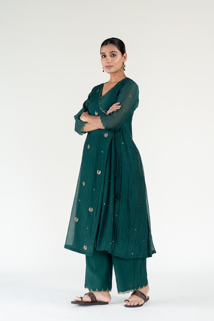 Emerald Green Angarkha Set with Shama Odhani - CiceroniKurta Set, Festive WearNirjara