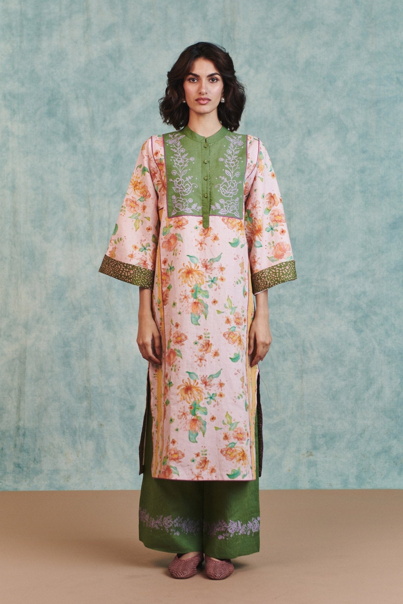 Flora Co - Linen Embroidered Multi - Panelled Kurta Set - CiceroniKurta Set, Everyday WearSaphed