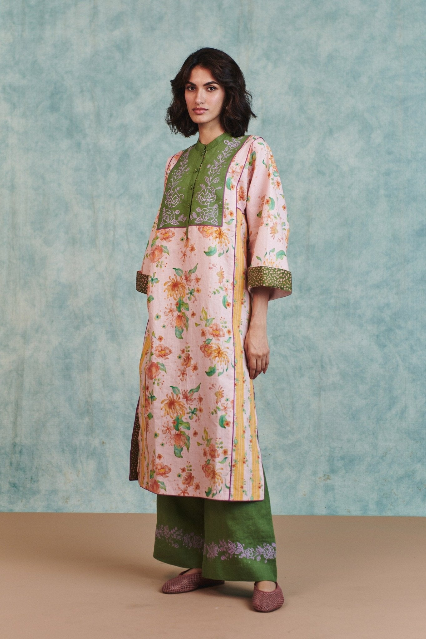 Flora Co - Linen Embroidered Multi - Panelled Kurta Set - CiceroniKurta Set, Everyday WearSaphed