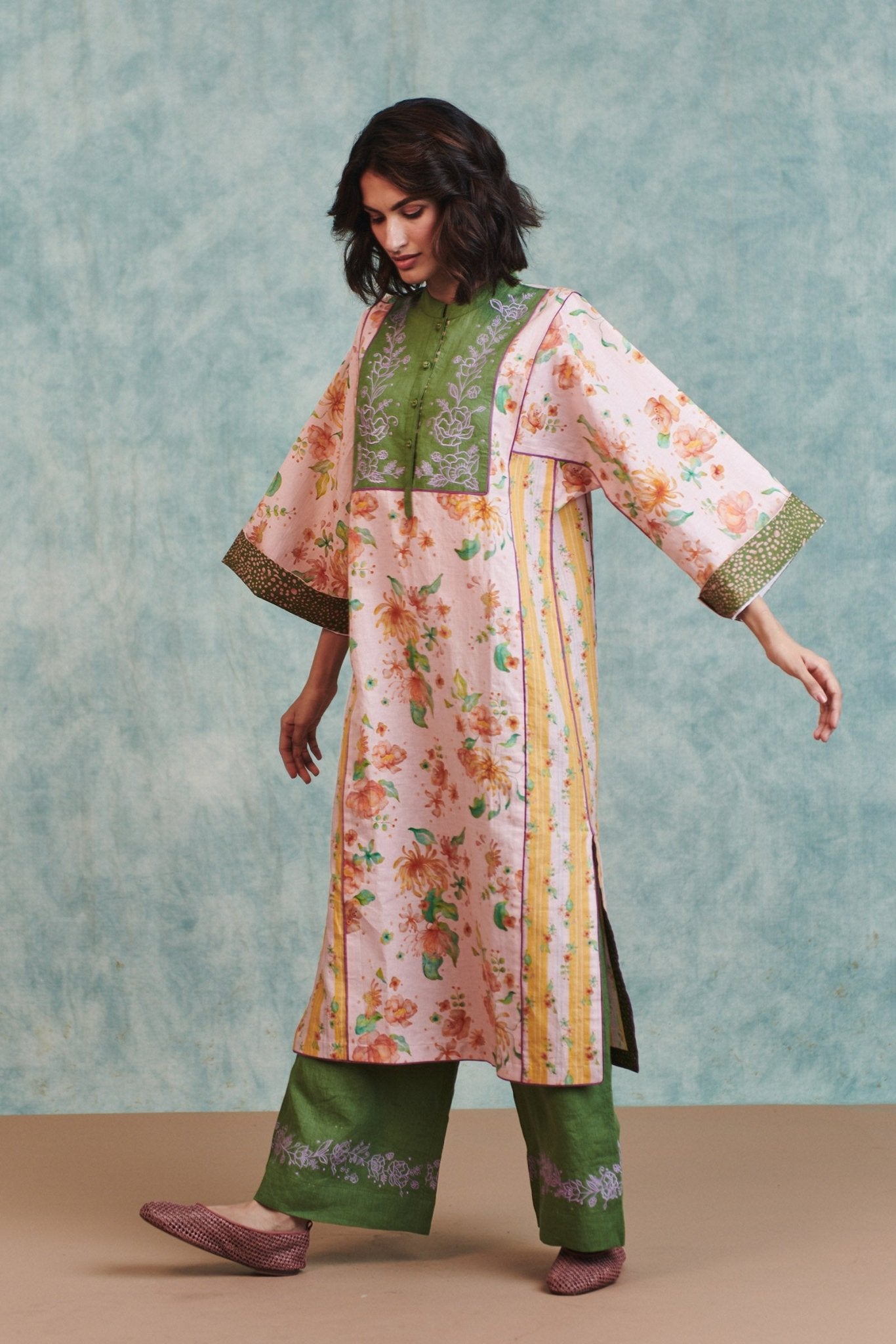 Flora Co - Linen Embroidered Multi - Panelled Kurta Set - CiceroniKurta Set, Everyday WearSaphed
