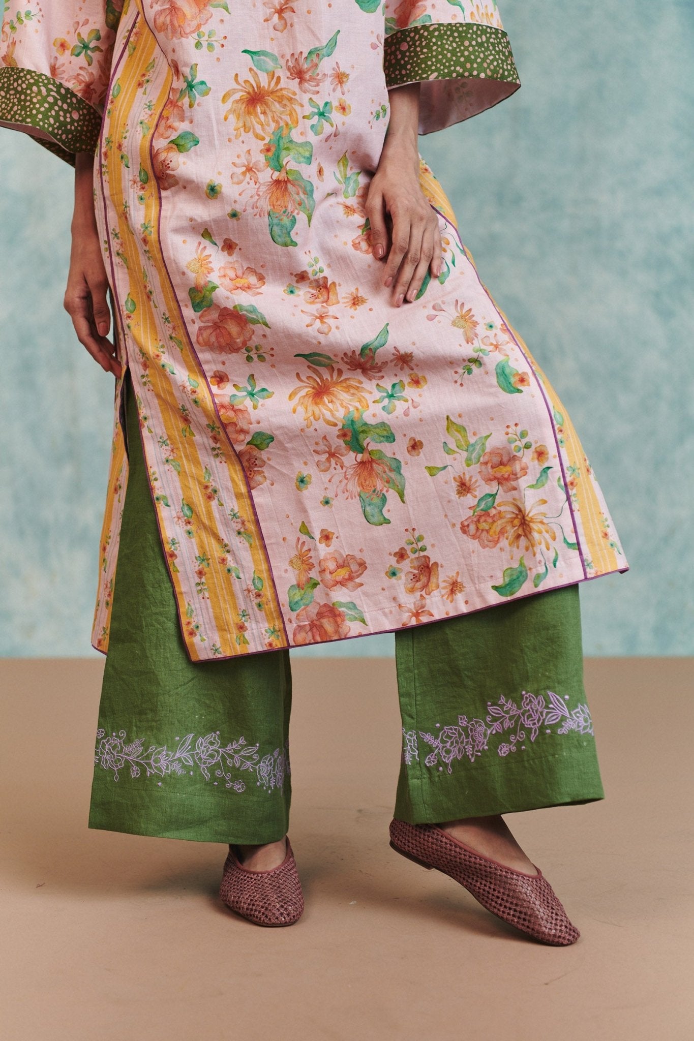 Flora Co - Linen Embroidered Multi - Panelled Kurta Set - CiceroniKurta Set, Everyday WearSaphed