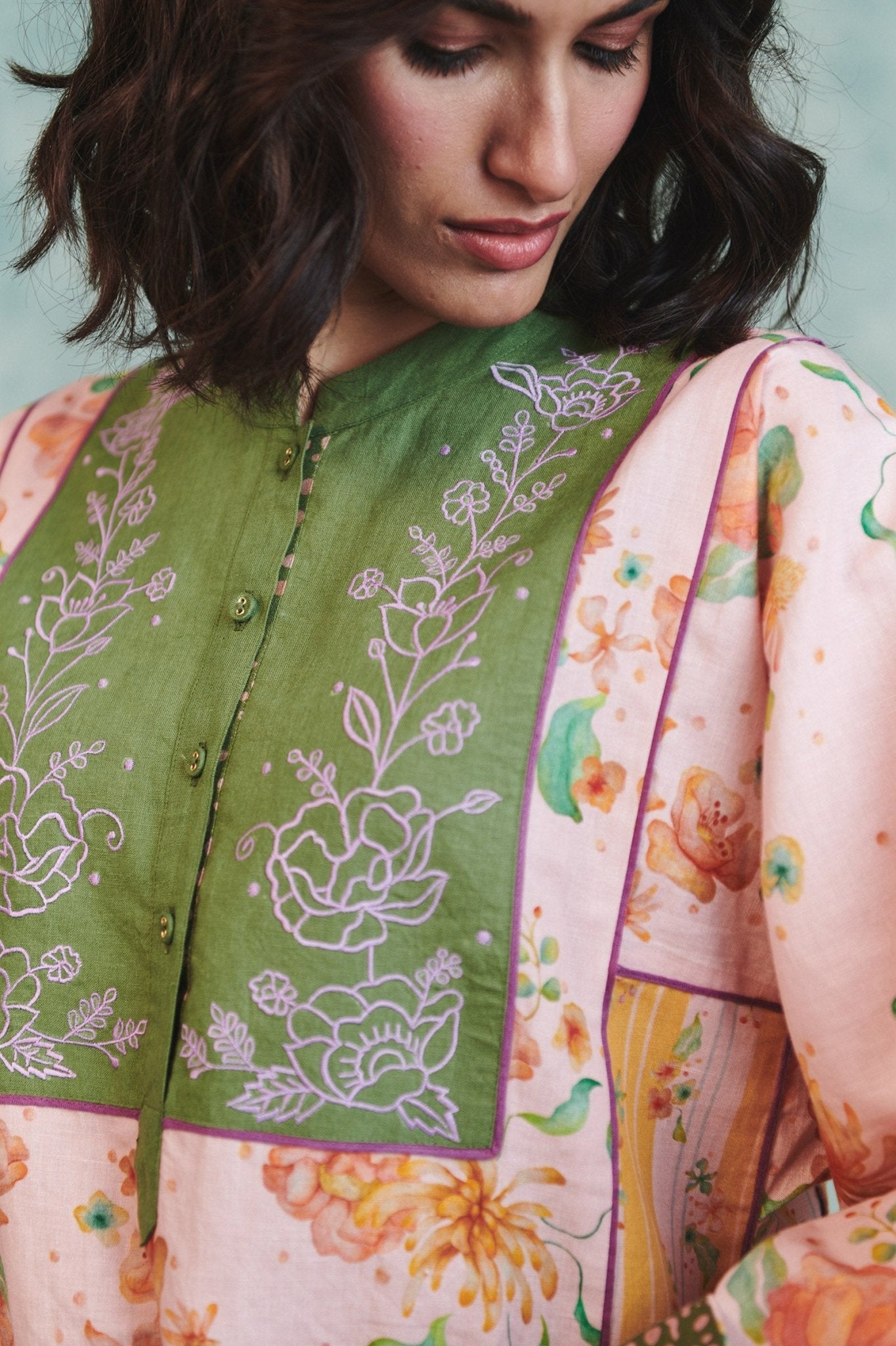 Flora Co - Linen Embroidered Multi - Panelled Kurta Set - CiceroniKurta Set, Everyday WearSaphed