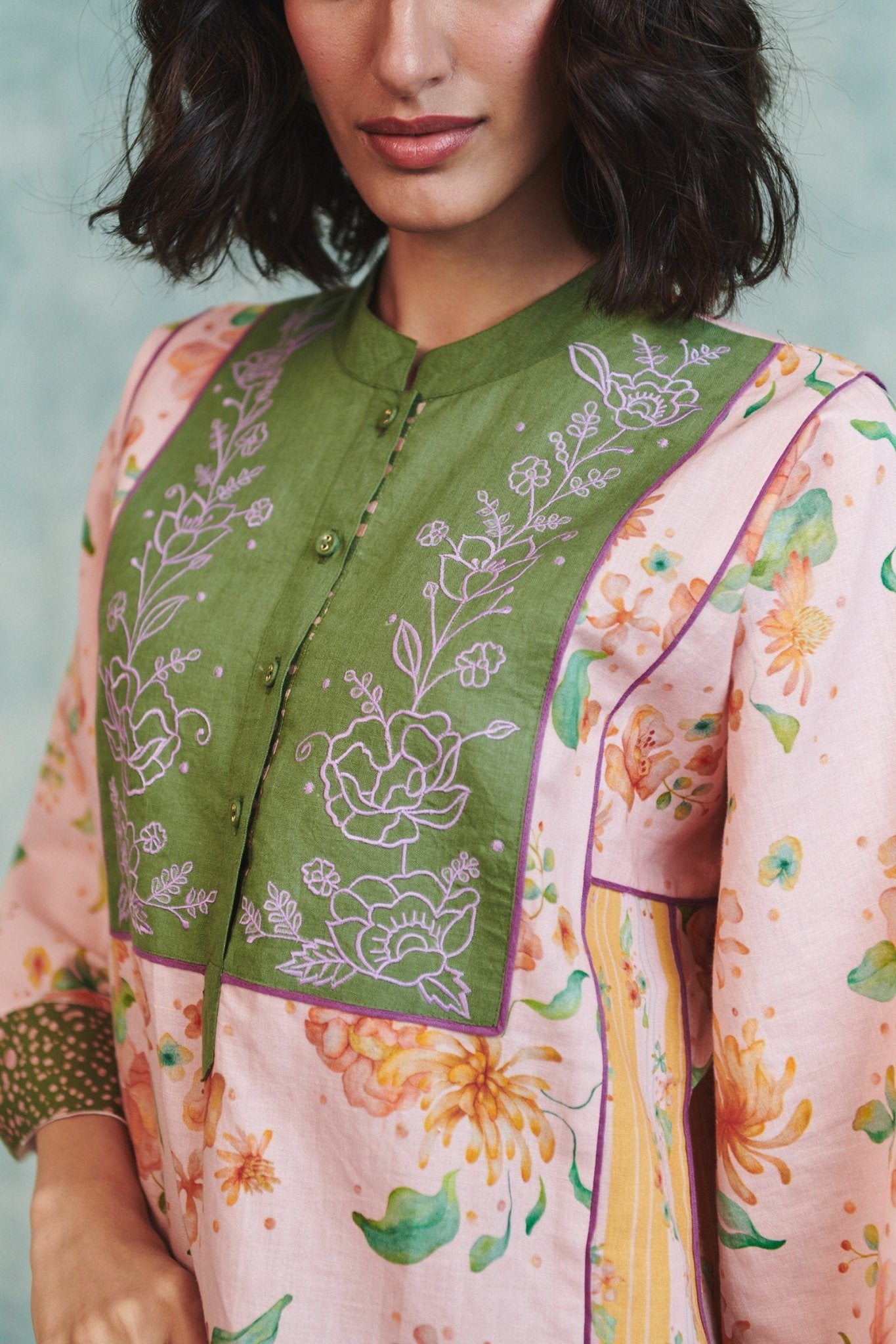 Flora Co - Linen Embroidered Multi - Panelled Kurta Set - CiceroniKurta Set, Everyday WearSaphed