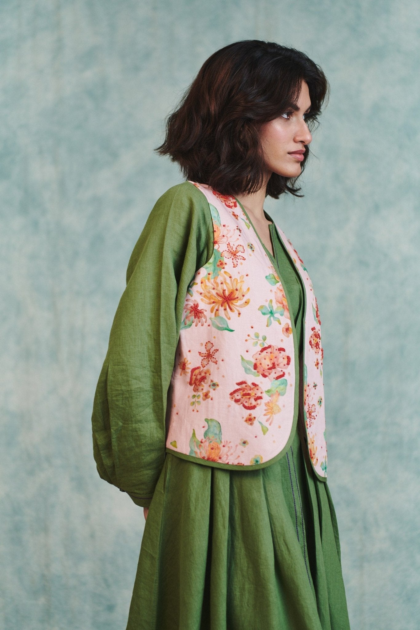 Flora Co - Linen Embroidered Rounded Waistcoat - CiceroniWaistcoatSaphed