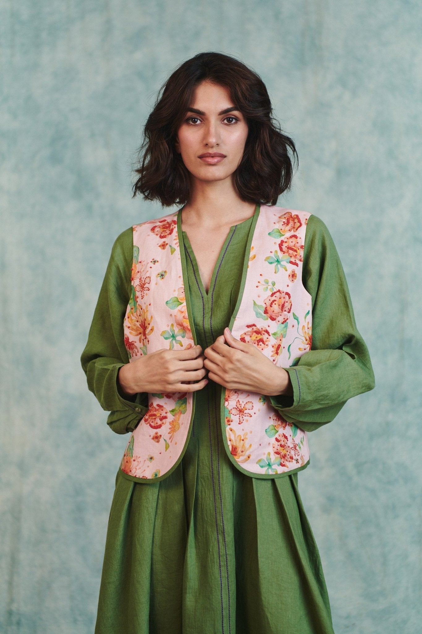 Flora Co - Linen Embroidered Rounded Waistcoat - CiceroniWaistcoatSaphed