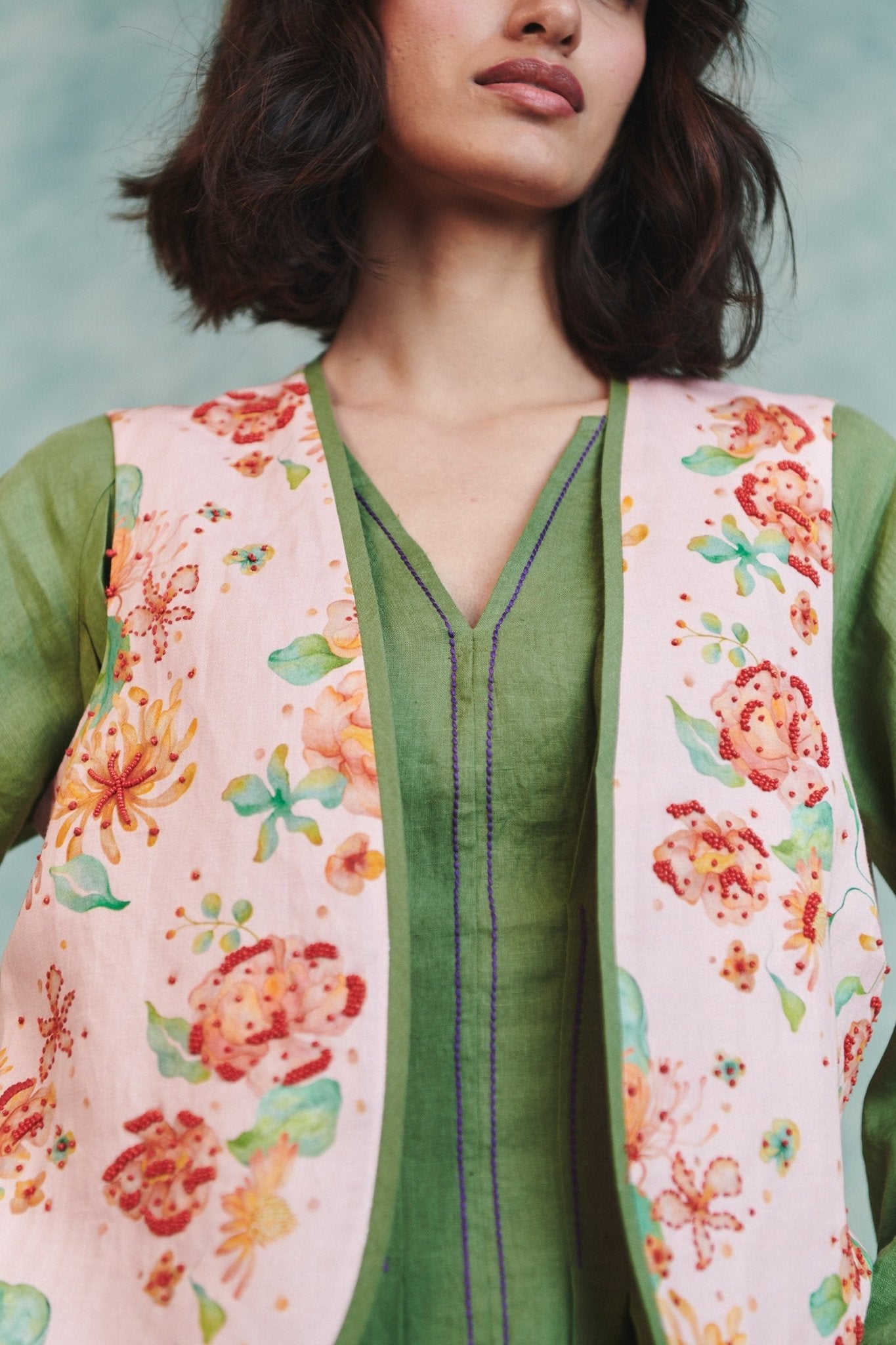 Flora Co - Linen Embroidered Rounded Waistcoat - CiceroniWaistcoatSaphed