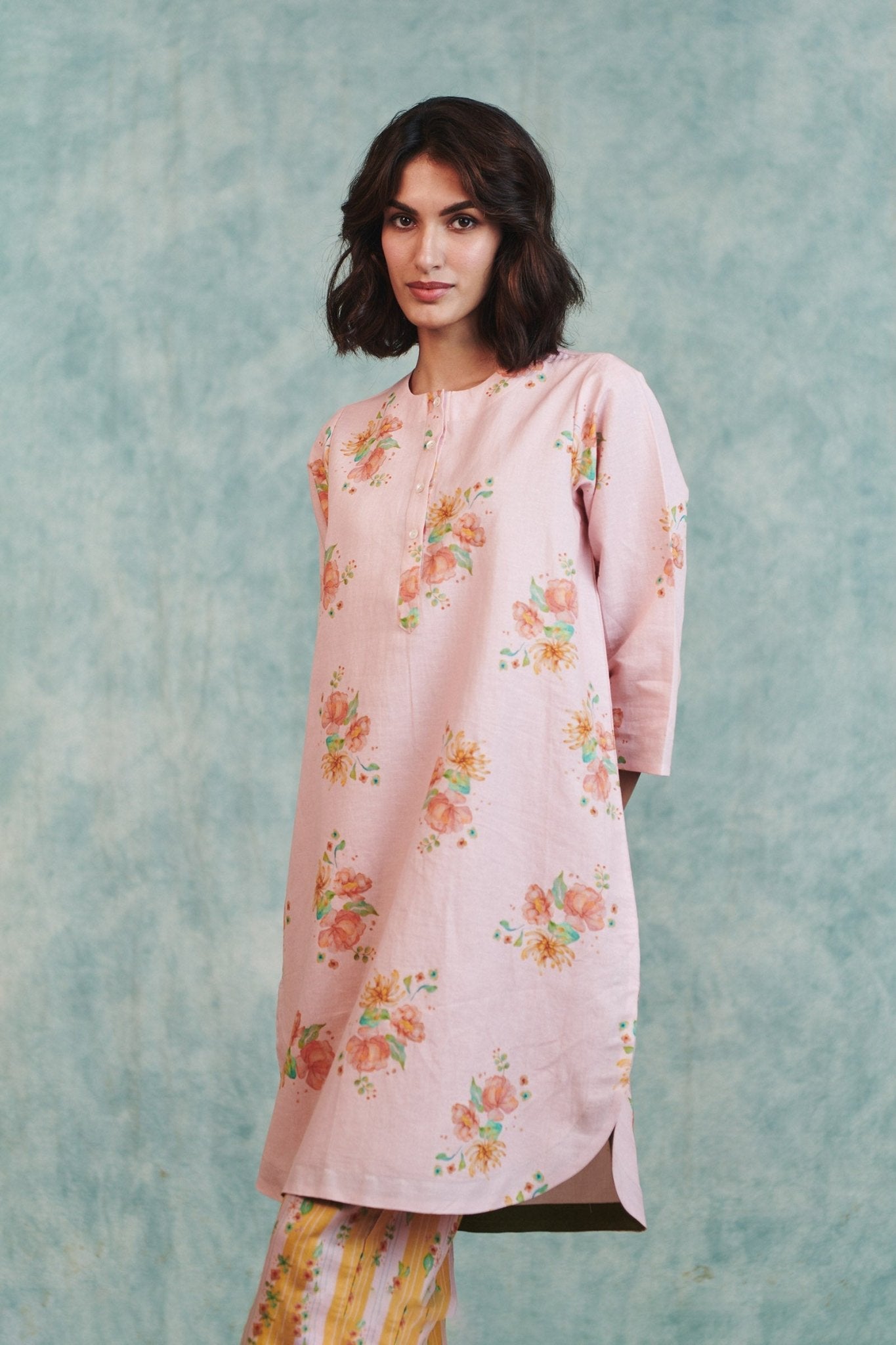 Flora Co - Linen Round Hem Kurta Set - CiceroniKurta Set, Everyday WearSaphed