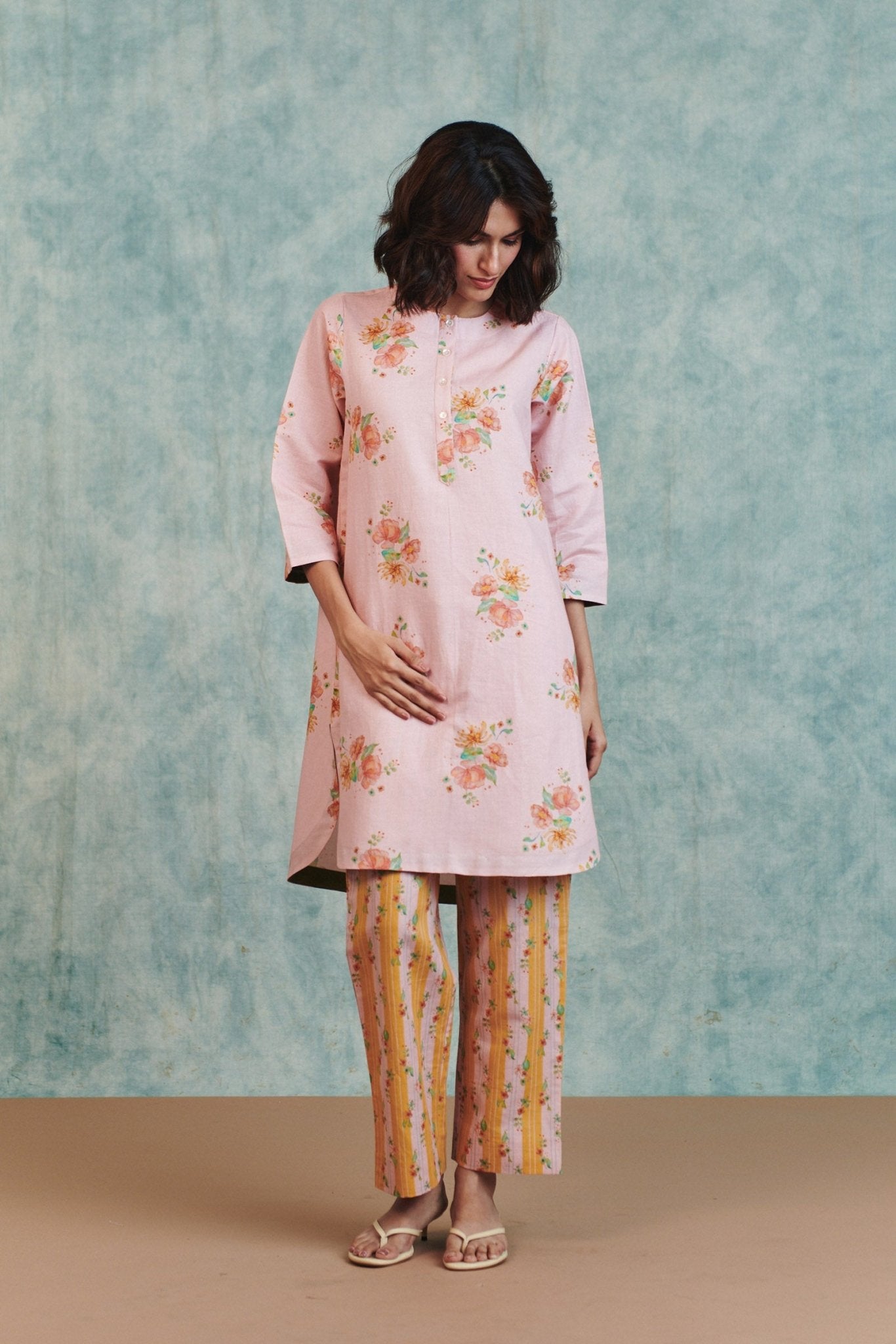 Flora Co - Linen Round Hem Kurta Set - CiceroniKurta Set, Everyday WearSaphed