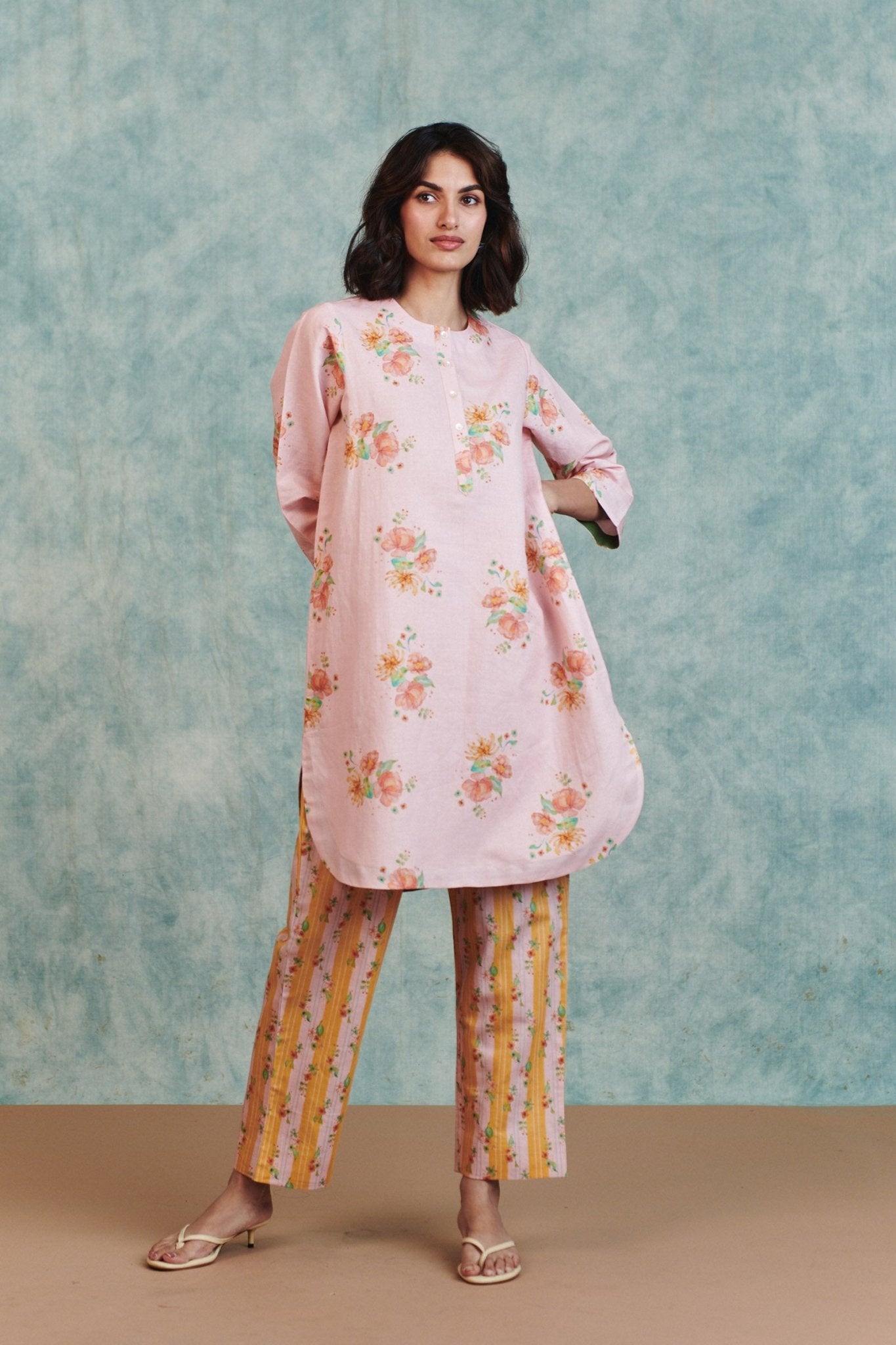 Flora Co - Linen Round Hem Kurta Set - CiceroniKurta Set, Everyday WearSaphed