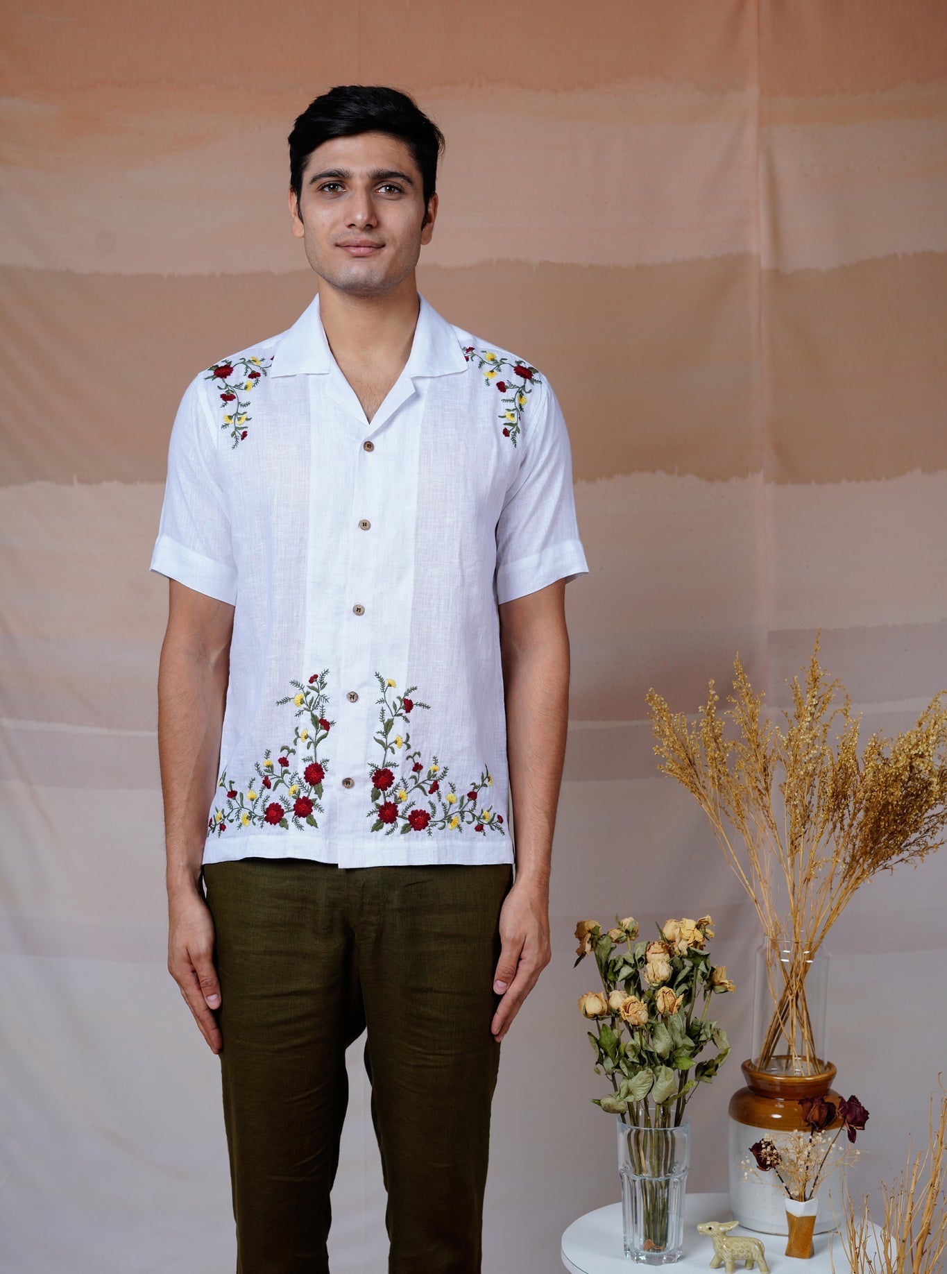 Floral Fiesta - Hand Embroidered Unisex Linen Shirt - CiceroniShirtsCultura Studio