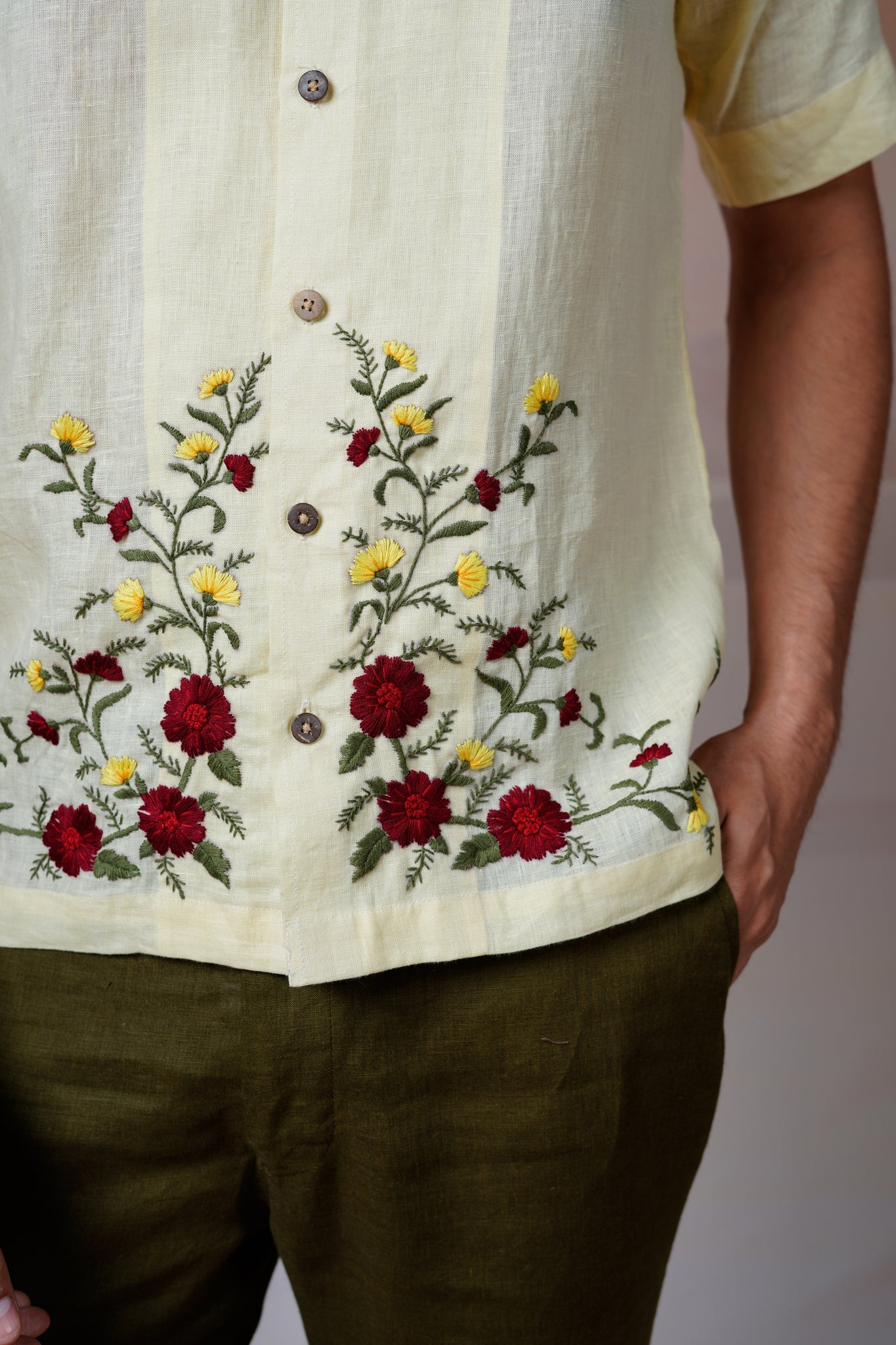 Floral Fiesta - Hand Embroidered Unisex Linen Shirt - CiceroniShirtsCultura Studio