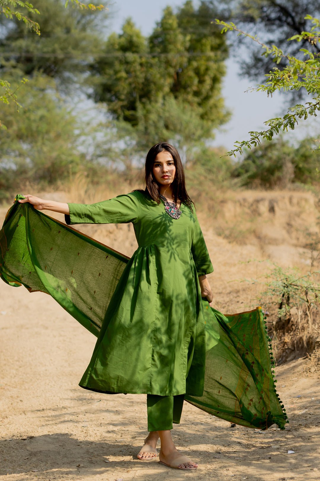 Forest Green Gathered Kurta Set with Jaamdani Dupatta - CiceroniKurta Set, Everyday WearMaidaan