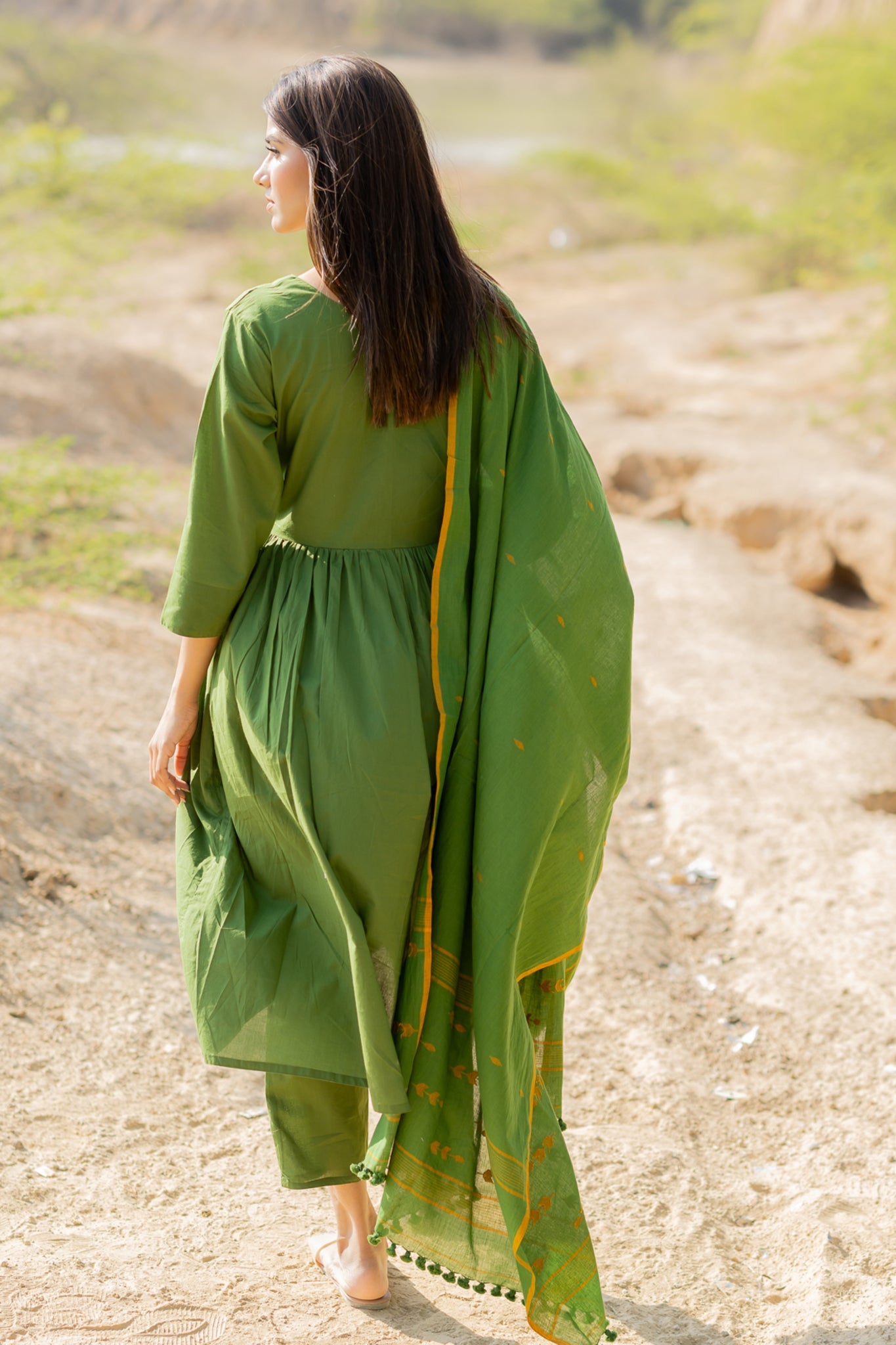 Forest Green Gathered Kurta Set with Jaamdani Dupatta - CiceroniKurta Set, Everyday WearMaidaan